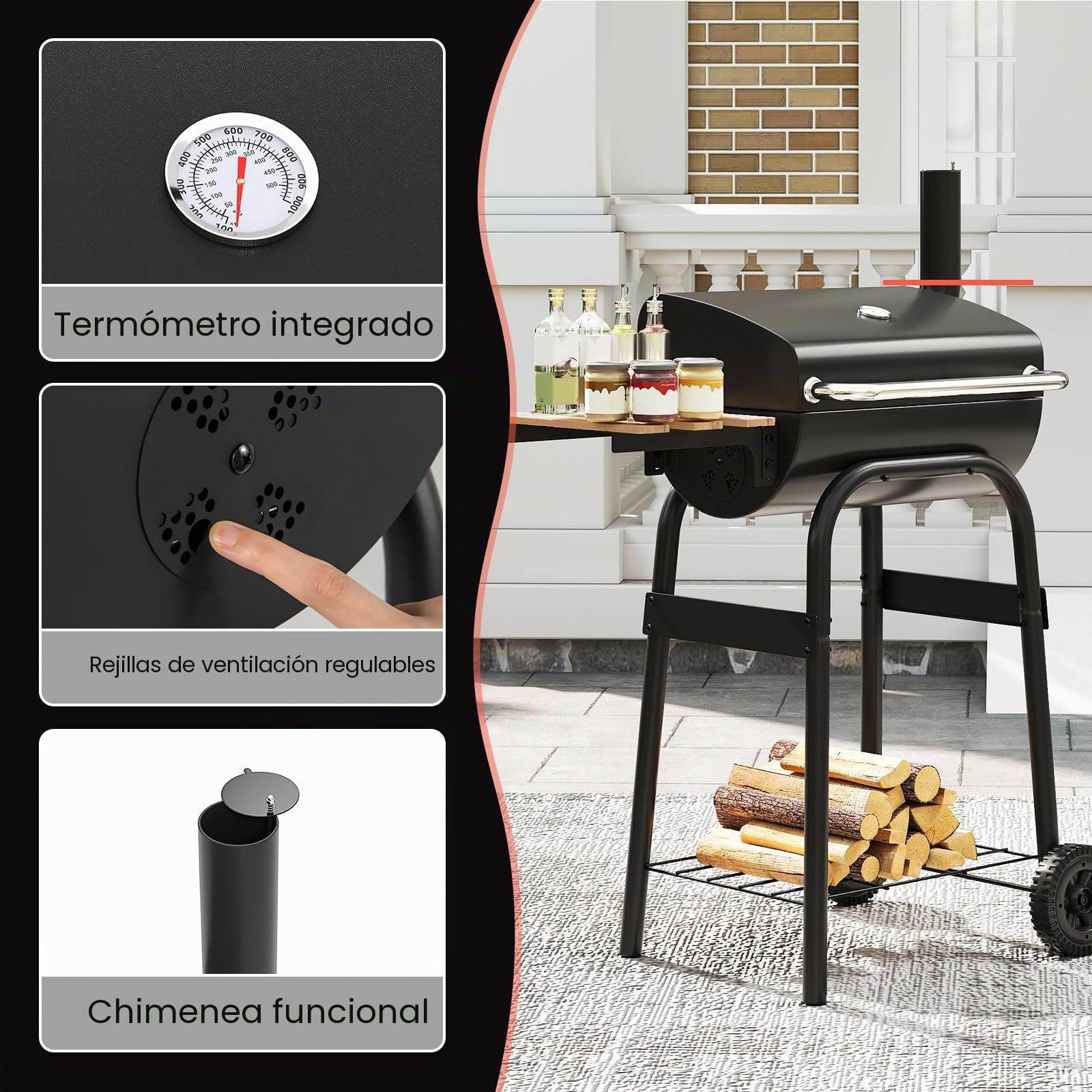 KOMFOTTEU Barbacoa de Carbón Portátil con 2 Ruedas y Mesa Lateral Plegable | Carro para Barbacoa con Termómetro y Estante, para Picnic, Fiesta, Jardín