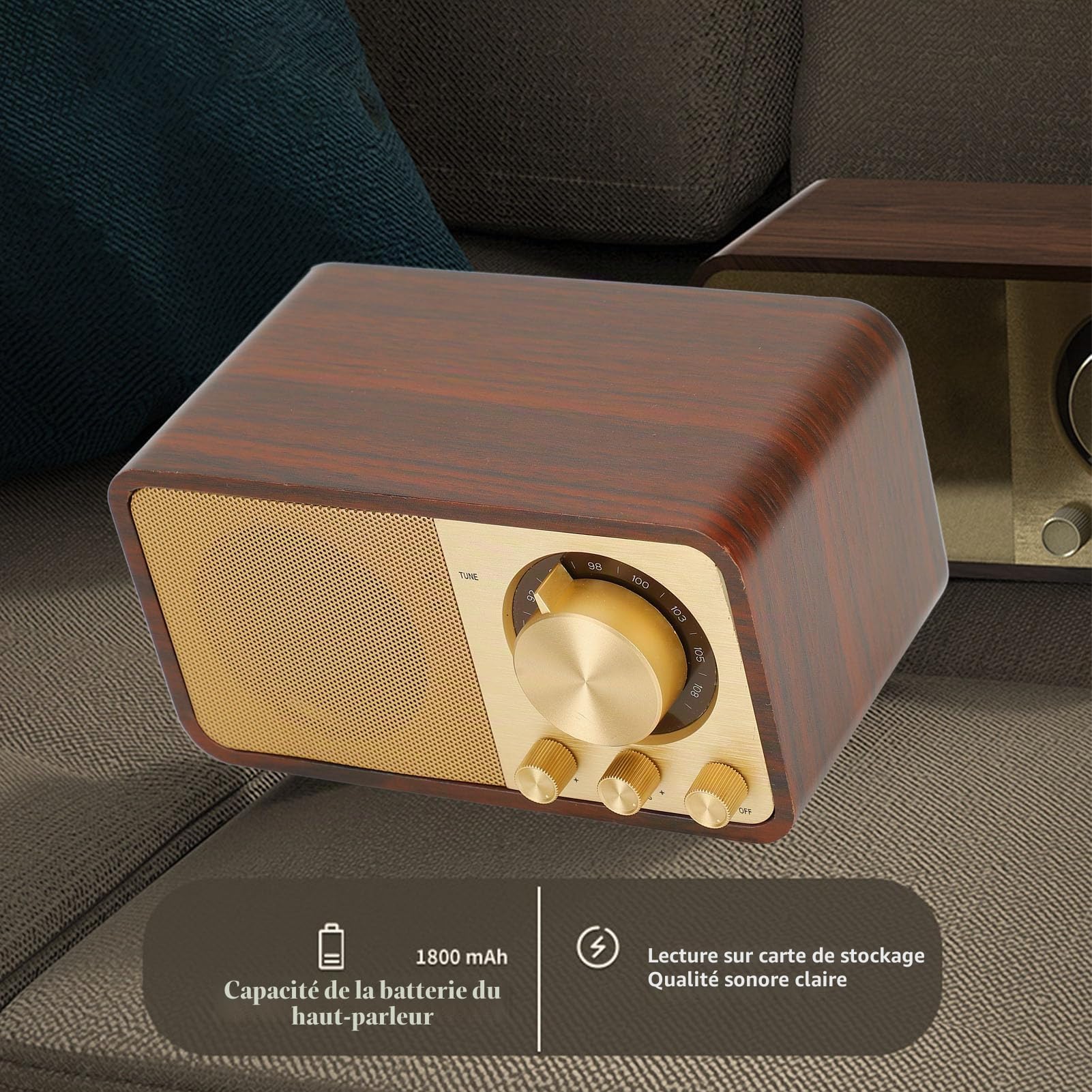 Bewinner Haut-parleur Bluetooth rétro en bois, haut-parleur sans fil portable vintage, carte TF, AUX, entrée USB, petit haut-parleur Bluetooth vintage pour cadeau, fête, voyage, bureau, maison en bois