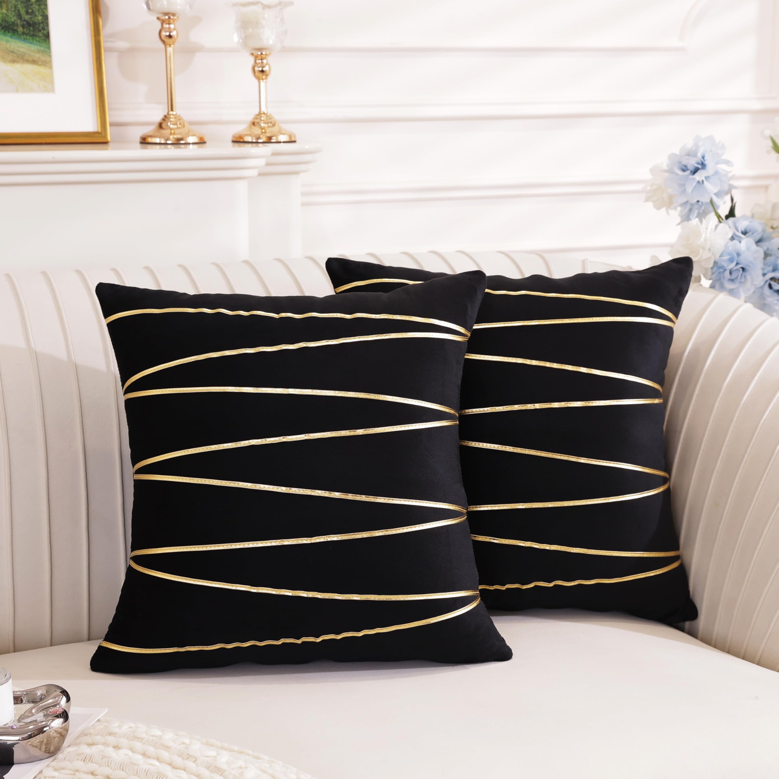 TAOSON 2 Pack Black Velvet Throw Pillow Covers 18x18 Inch, Soft Patchwork Cushion Covers with Gold Accents, Luxury Modern Decorative Pillow Cases for Sofa Bedroom Living Room