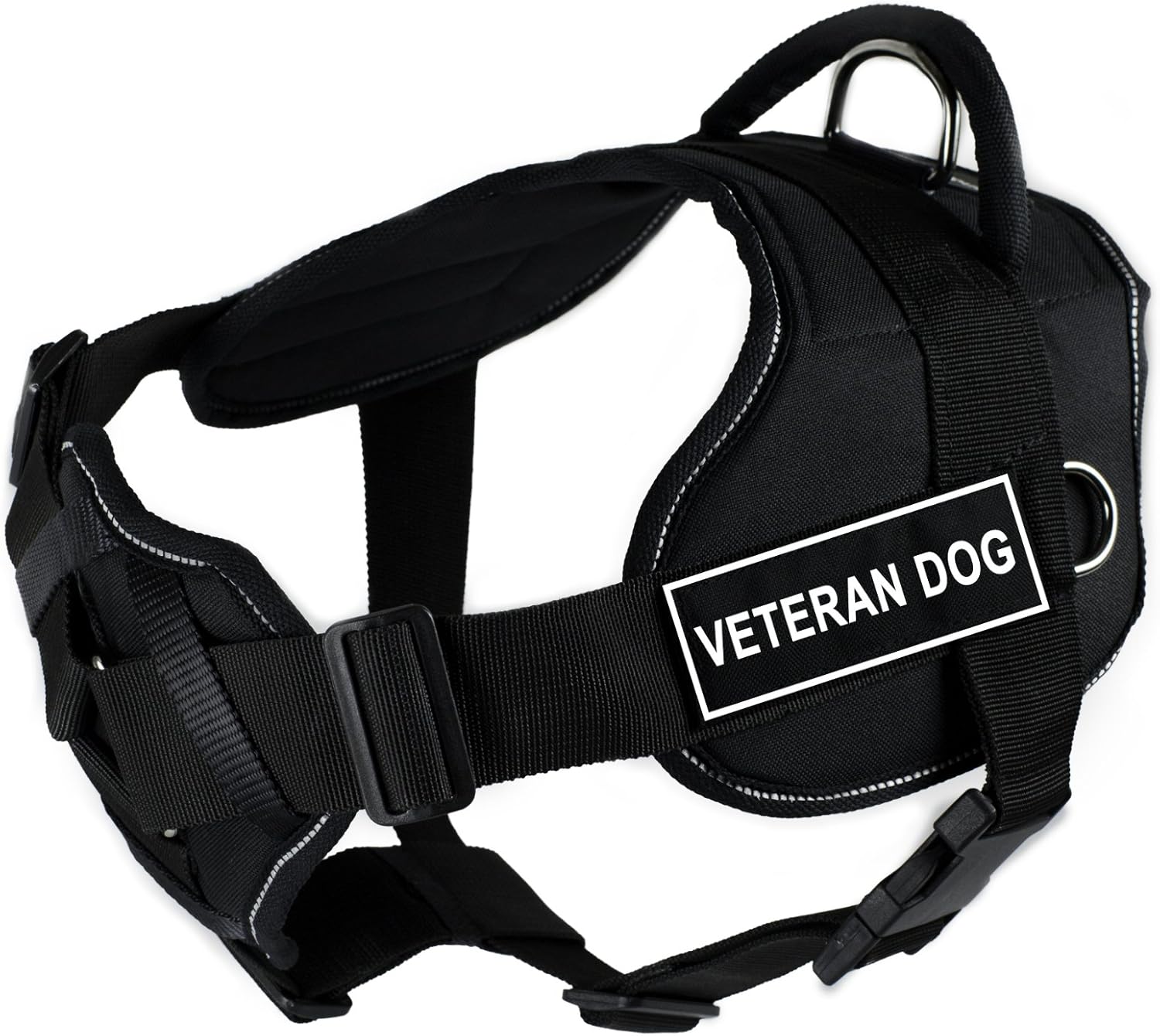 Dean & Tyler Fun Works Veteran Dog Harness with Padded Chest Piece, Large, Fits Girth Size: 32-Inch to 42-Inch, Black with Reflective Trim