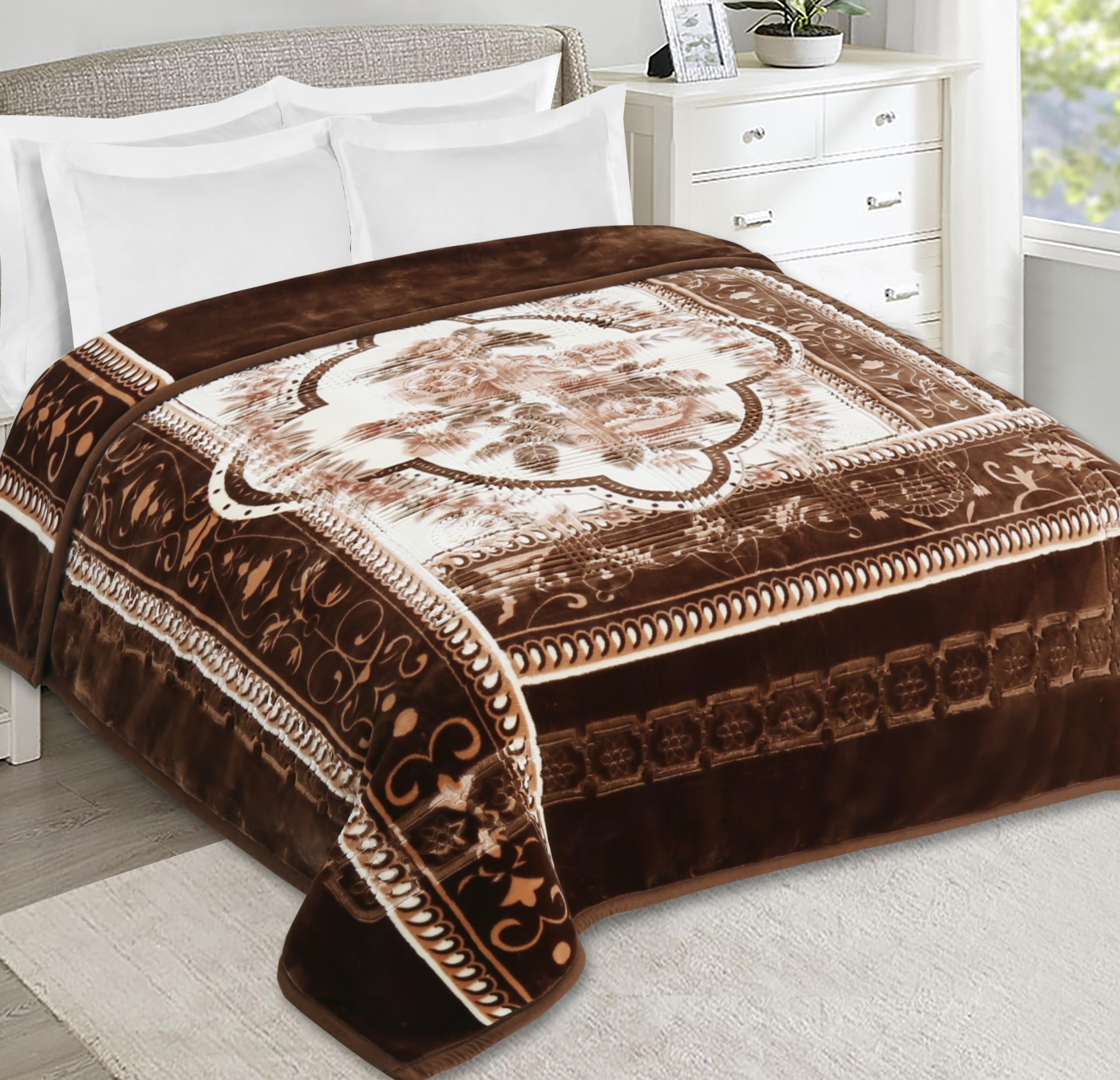 Nestl 12 Lbs Velvet Fleece Blanket for Winter - 2 Ply Heavy & Warm Korean Style Bed Blanket - Reversible Printed Raschel King Size Blanket - Wrinkle & Fade Resistant - 87 x 94 Inches - Brown