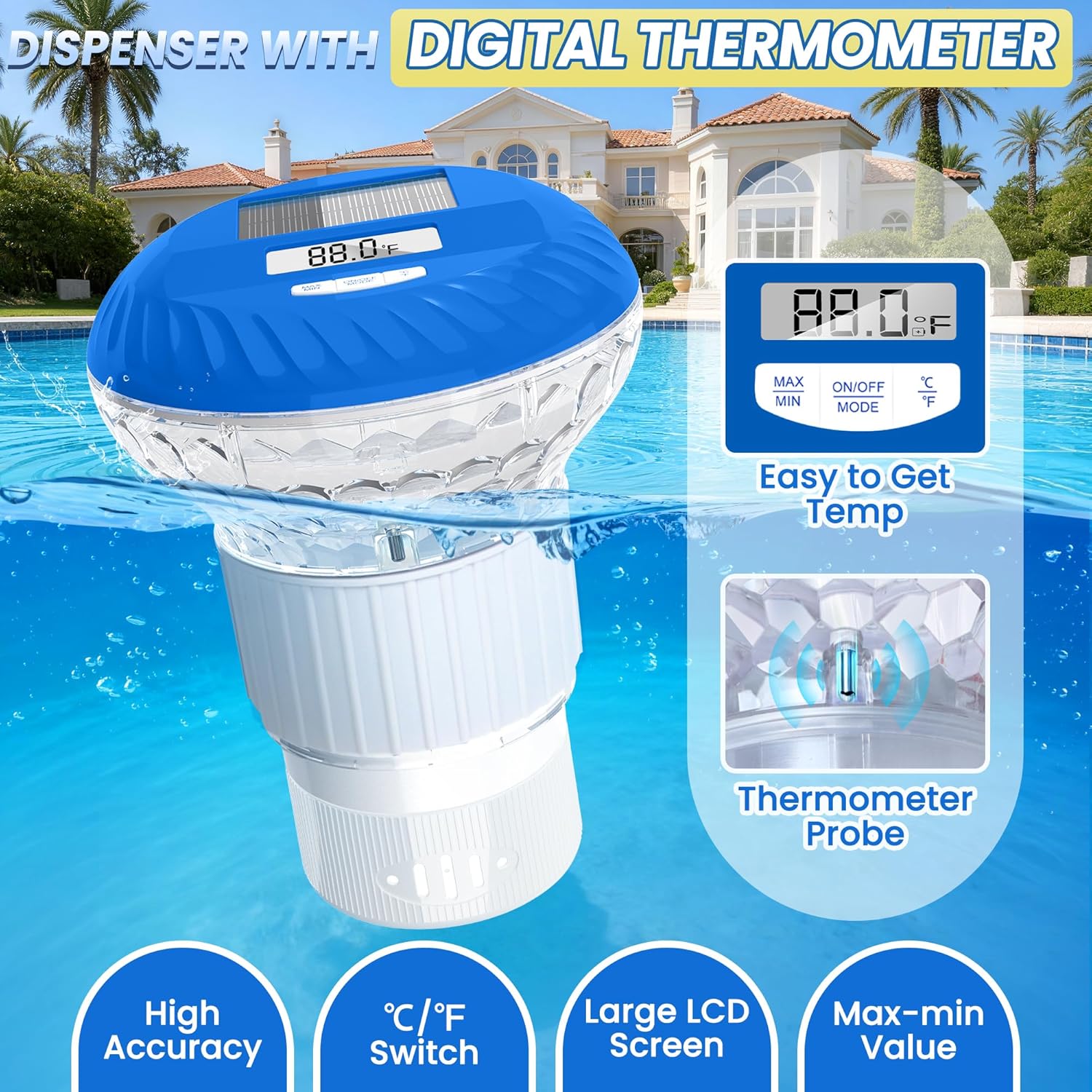 2026 Upgraded Pool Chlorine Floater with Thermometer, Digital Screen Pool Chlorine Floater,Solar Pool Chlorine Floaters with Light, Button Control Floating Chlorine Dispenser for Pool (White)