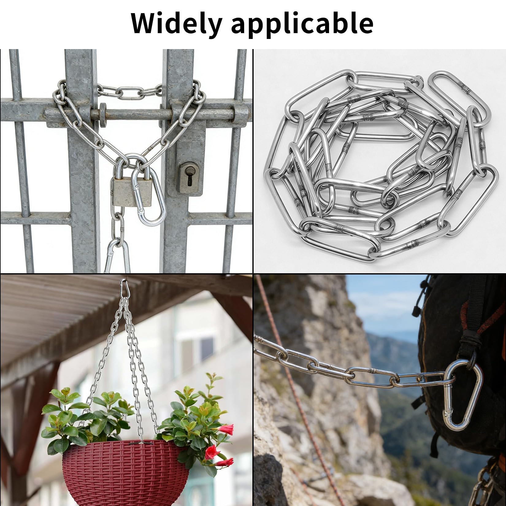 2 Rotoli Catena Acciaio Inox, Catenella in Metallo, 3 mm x 1 m Catena in Acciaio Inossidabile, Catenelle di Sicurezza per Cancelli, recinzioni, porte, biciclette, con 4 lucchetti di sicurezza