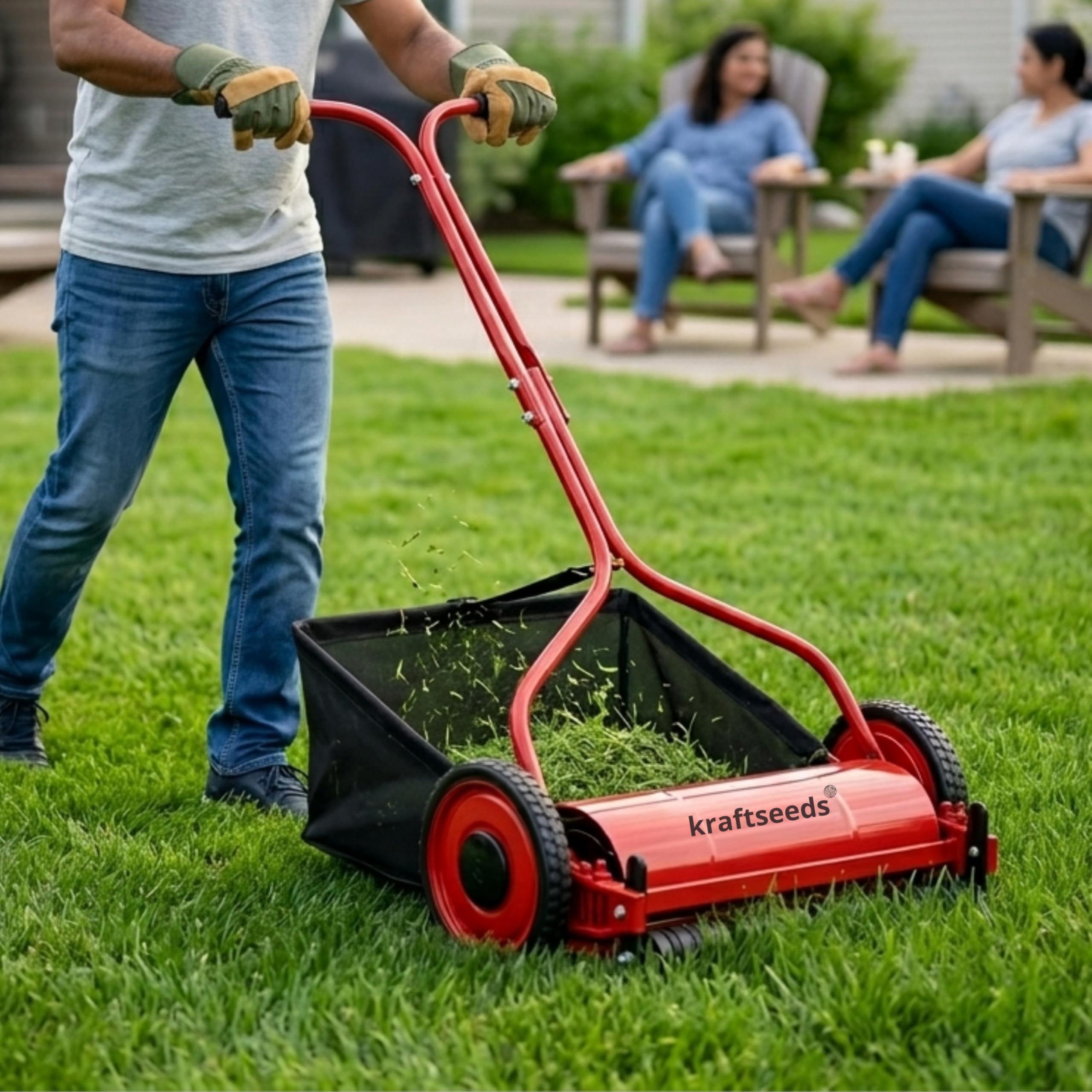 Kraft Seeds 14 Inch Manual Lawn Mower Grass Cutting Machine, 6 Blade Push Reel Mower with Height Adjustable, Eco Friendly Garden Grass Cutter Machine-image-19