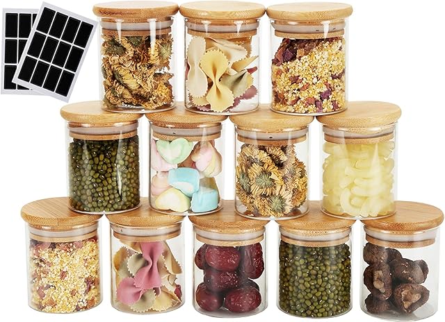 Lawei 12 Pcs Spice Jars with Bamboo Lids Glass Air Tight Food Cereal Storage Container & 24 Labels for Jam Pasta Coffee Tea Flour Cookie Herbs Candy Spices - 120ml