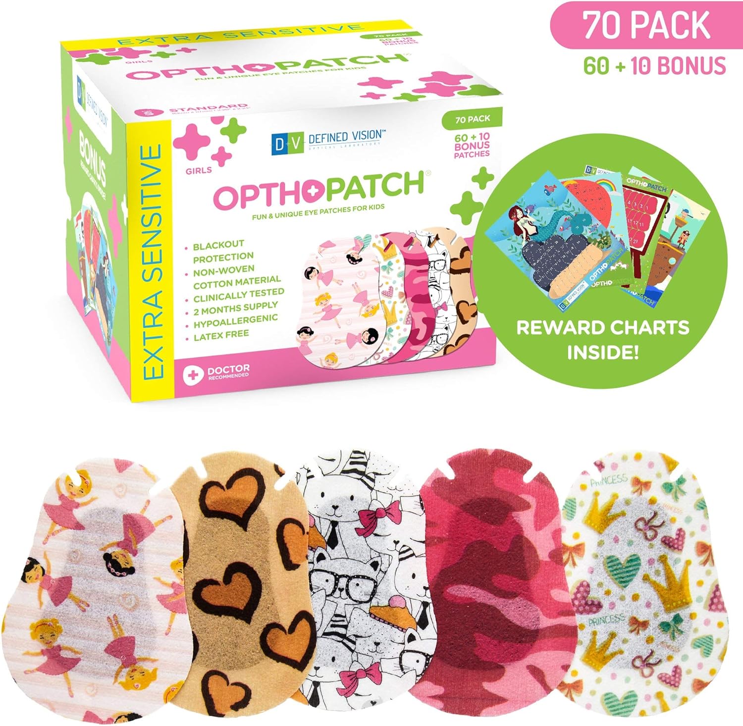 Opthopatch Kids Eye Patches - Fun Girls Design [Series I] - 60 + 10 Bonus Latex Free Hypoallergenic Cotton Adhesive Bandages for Amblyopia and Cross Eye - 3 Reward Chart Posters by Defined Vision