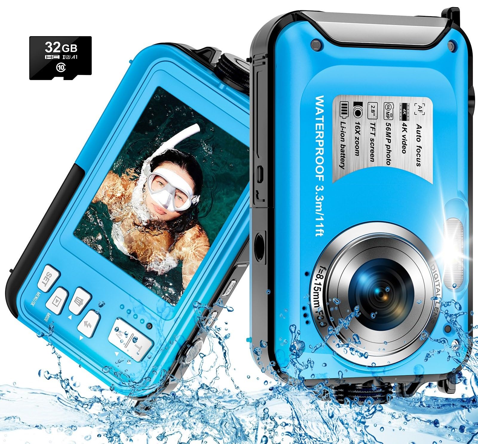 4K Waterproof Camera with 32GB Card 11FT Floatable Digital Camera 56MP Autofocus Waterproof Digital Camera 16X Compact Underwater Cameras for Snorkeling with 1250mAh Battery