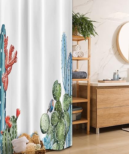 Ambesonne Cortina de ducha con diseño de cactus y picos, pájaros y dibujos animados, estilo vintage, juego de decoración de baño de tela con