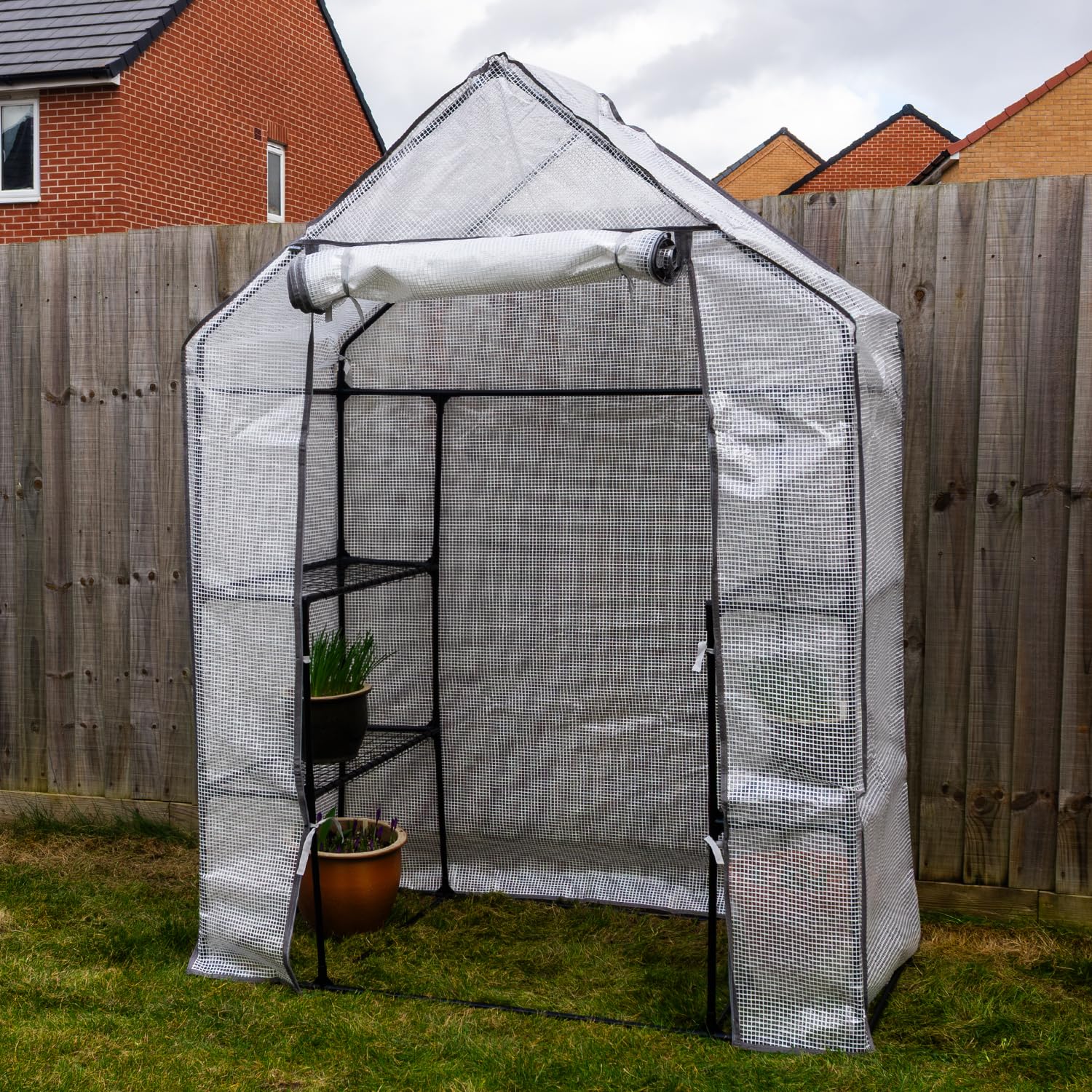 Woodside Walk-in Greenhouse with Netted PE Cover – Easy Assembly Push Fit Steel Frame, Large Reinforced Heavy Duty Growhouse, 4 Shelf – 4ft 6in x 2ft 4in x 6ft 4in