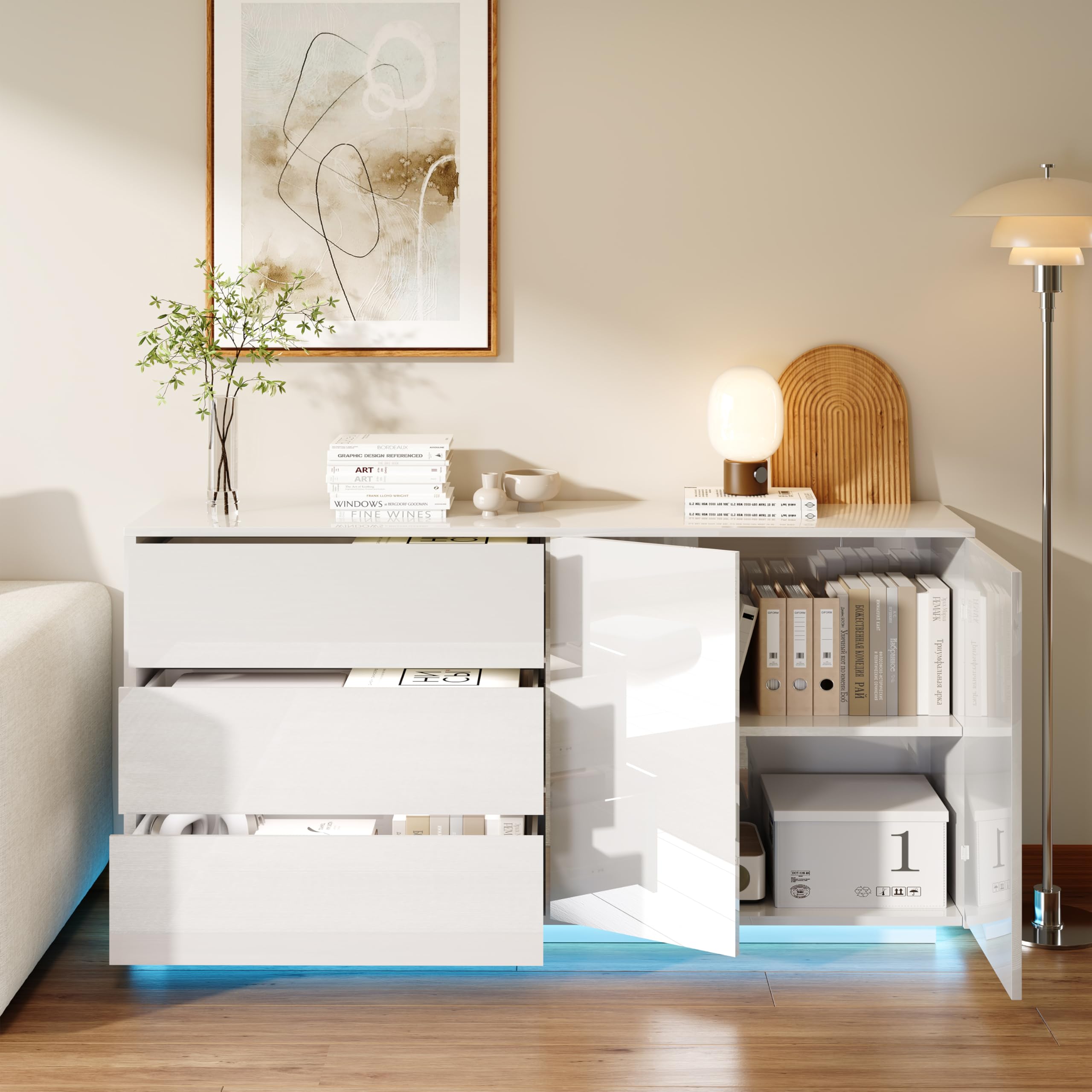 DULRLLY Kommode Weiß Hochglanz mit LED Beleuchtung, Sideboard Weiss Hochglanz 160cm mit 2 Türen und 3 Schubladen, Küchenschrank Buffets Anrichte, Buffetschrank Modern für Schlafzimmer Esszimmer Flur