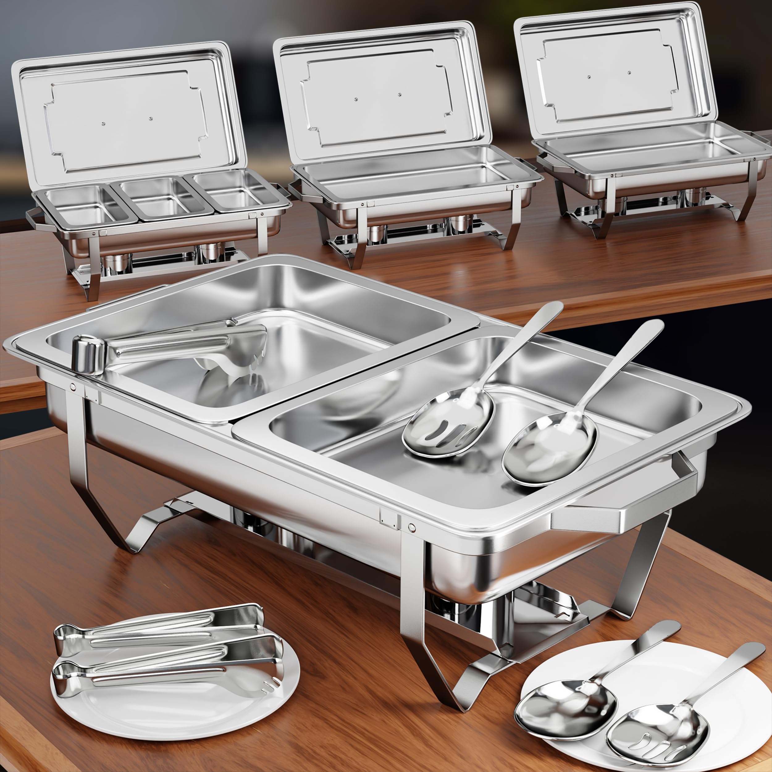Chafing Dishes for Buffet 4 Pack (7 Pans + 7 Utensils) - 9QT Stainless Steel Chafing Dish Buffet Set - Food Warmers for Parties Buffet - Buffet Servers and Warmers, Catering Supplies Buffet Display