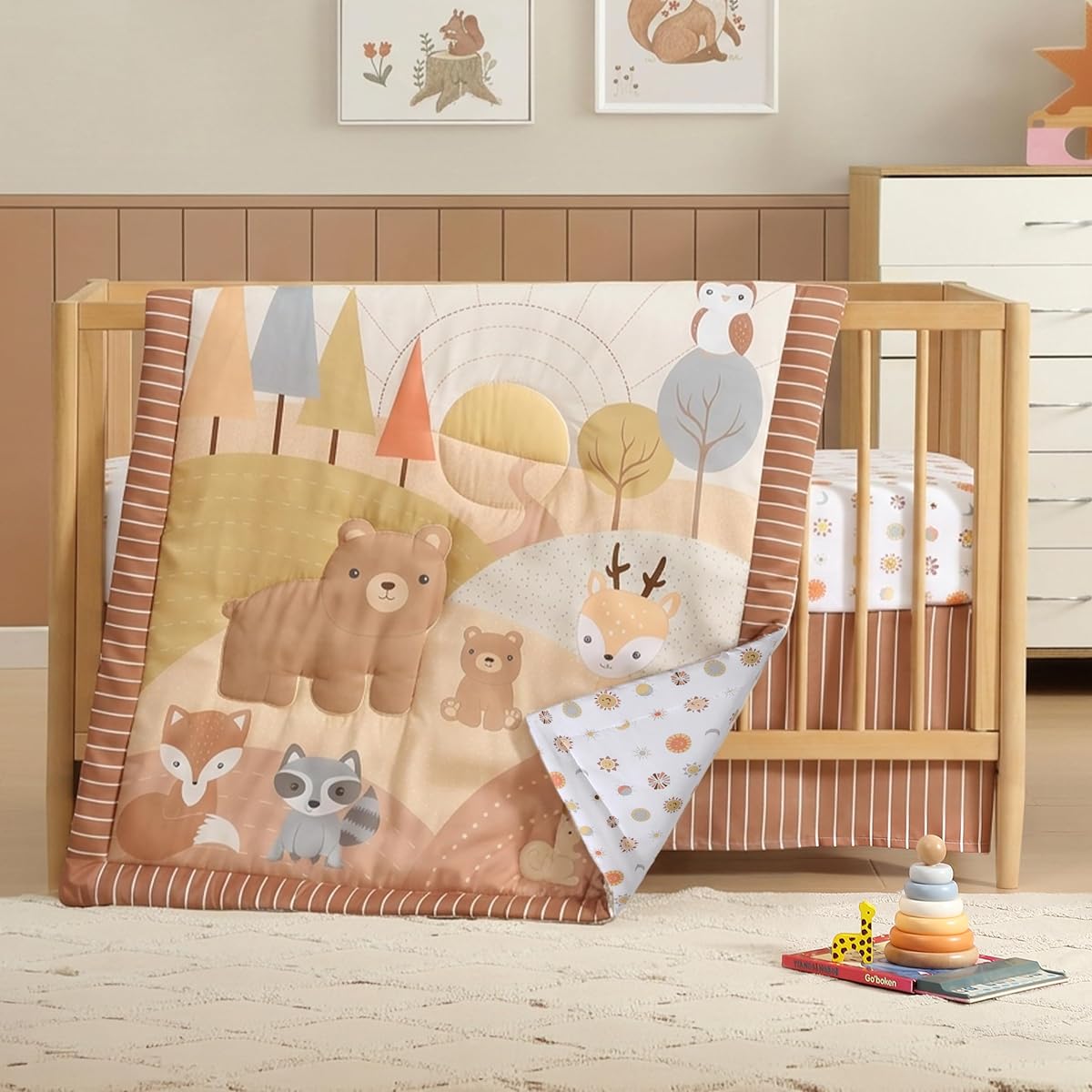 The Hōmistry 3-Piece Crib Bedding Set for Boys – Reversible Quilt, Fitted Sheet, Crib Skirt – Soft, Breathable & Durable Microfiber – Sunny Woodland Theme