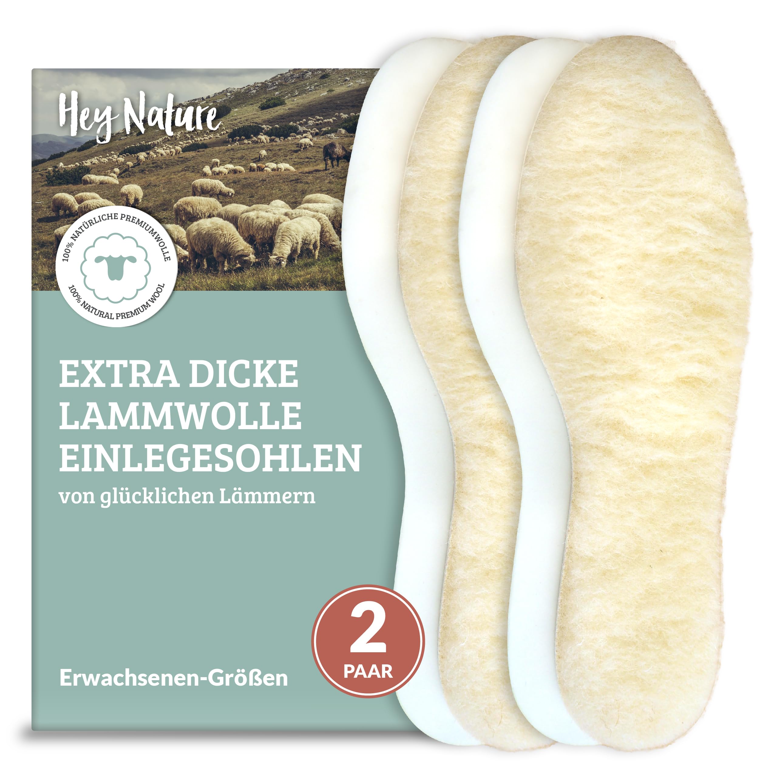 Hey Nature 2 Paar Lammwolle Einlegesohlen Herren & Damen, natürliche Wärmesohlen. Wärmende Schuheinlagen besser als beheizbare Sohlen & Fußwärmer. Thermosohlen aus Wolle statt Lammfellsohlen