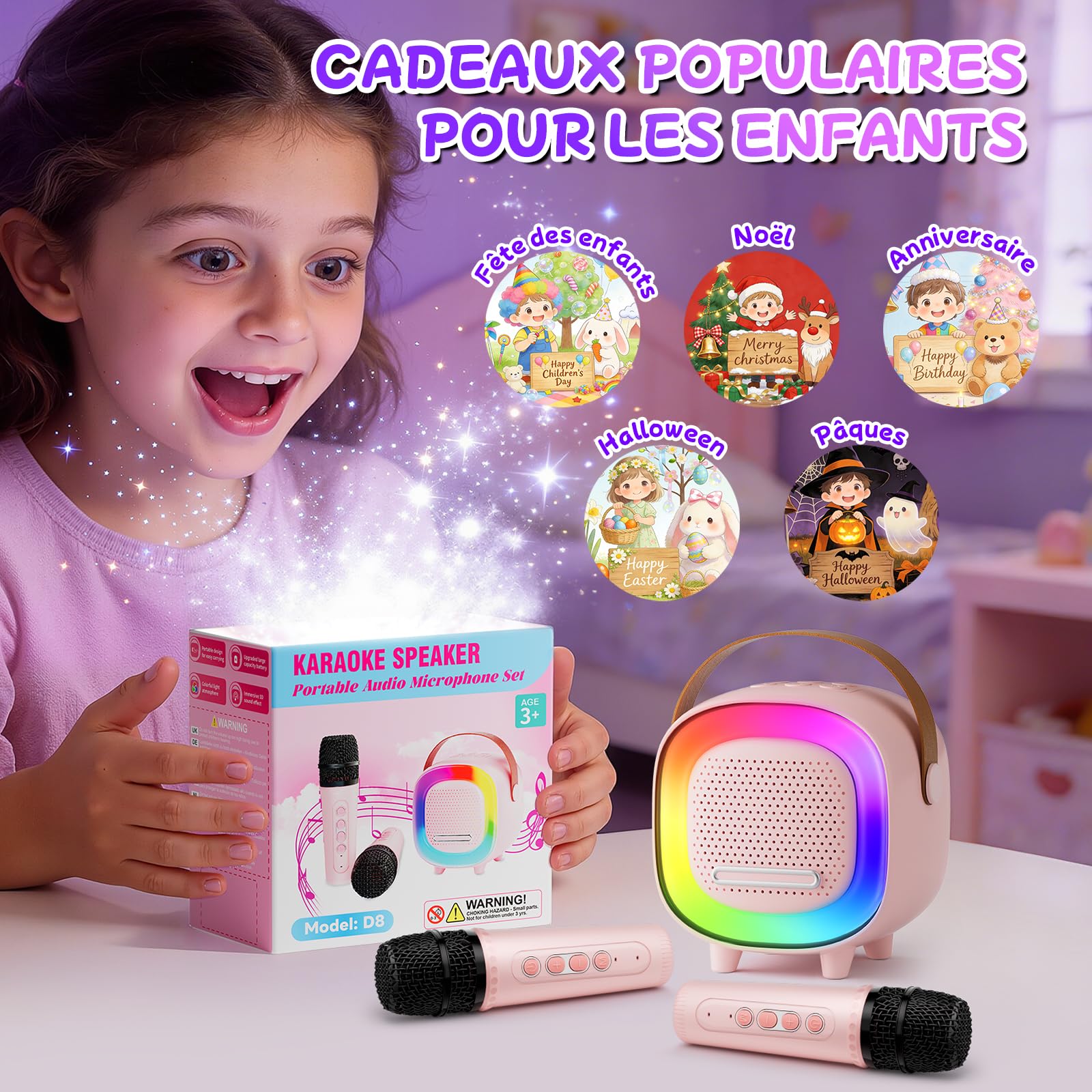 Micro Karaoke Enfant avec 2 Micro sans, 6 Modes D'éclairage avec Effets, Enceinte Bluetooth Portable, Cadeaux d'anniversaire de Noël pour Enfants Jouets pour Enfants 3-12 Ans (Rose)