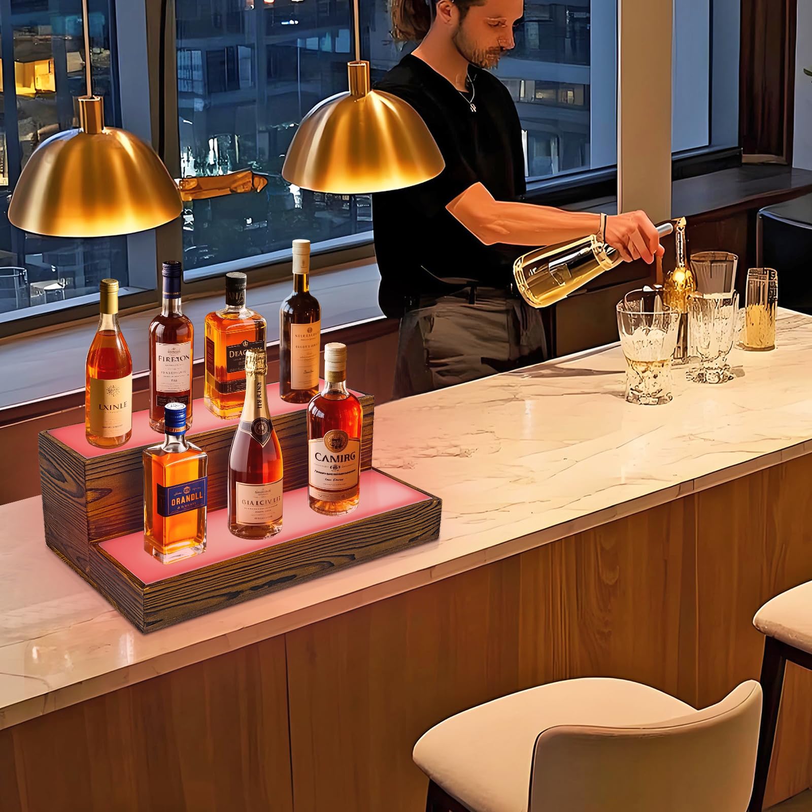 Estante de vino con luz LED, estante de exhibición de botellas de licor montado en la pared, estante flotante de 2 niveles para el hogar, bar comercial