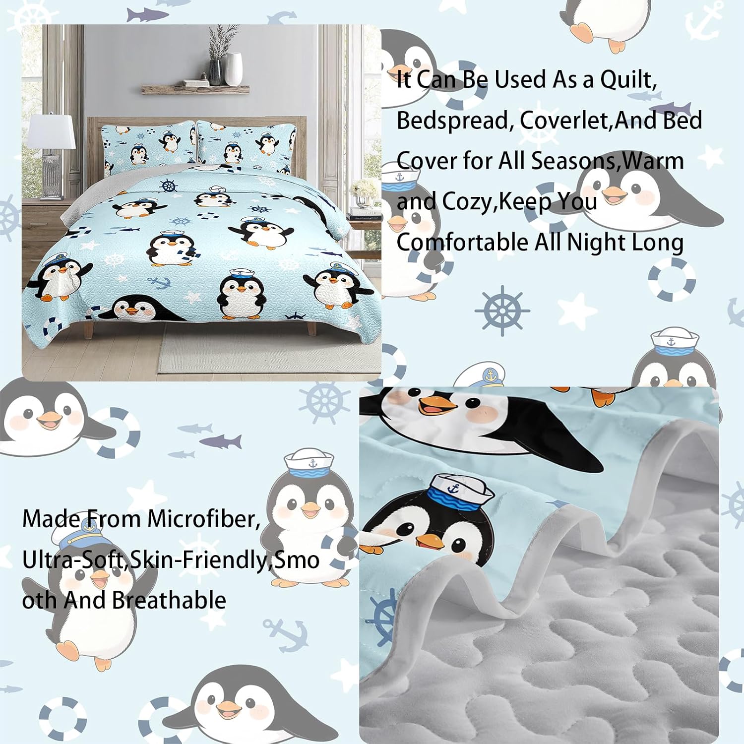 AILONEN Twin Quilted Comforter Set 3 Piece, Nautical Sailor Penguin Bedspread Coverlet with 2 Pillowcases, Soft Ocean Themed Quilted Bedding for Kids