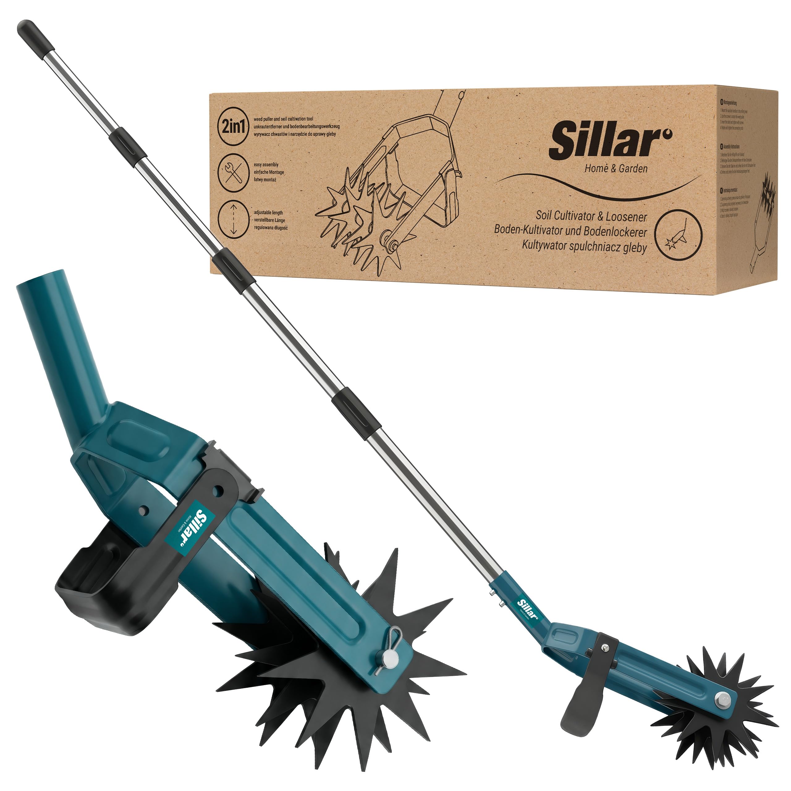 Sillar Coltivatore 2 in 1 Manuale, Arieggiatore Rotativo con Sarchiatore per Erbacce, Attrezzo da Giardino in Acciaio Inox e Manganese per Prato, Orto, Terreno, 182 cm