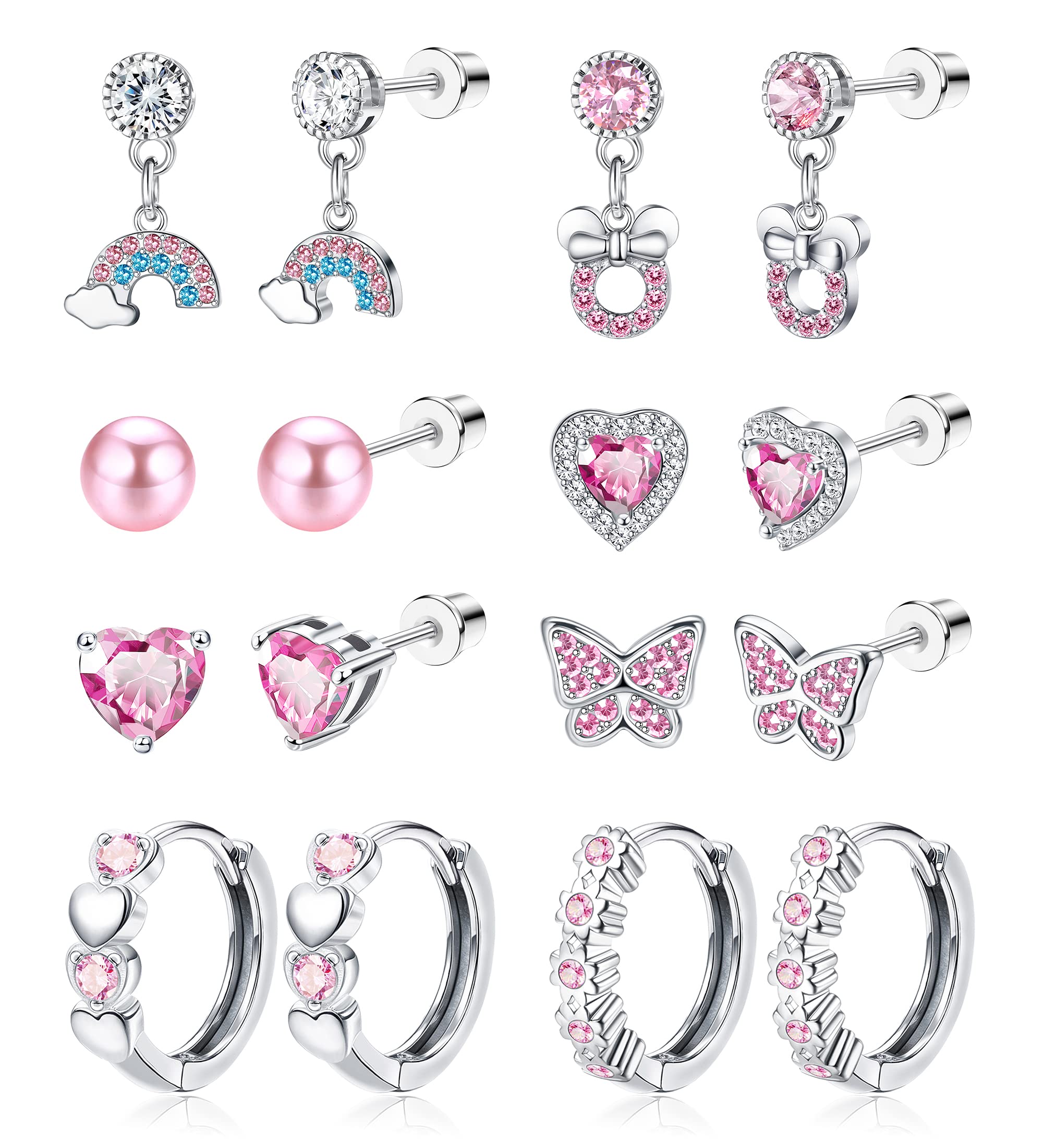 Kakonia8 Pairs Cute ScrewBack Stud Earrings for Women Girls 316L Stainless Steel Hypoallergenic CZ Heart Hoop Earrings Pearl Butterfly Screw Back Stud Earring Multicolored Drop Dangle Earrings Set