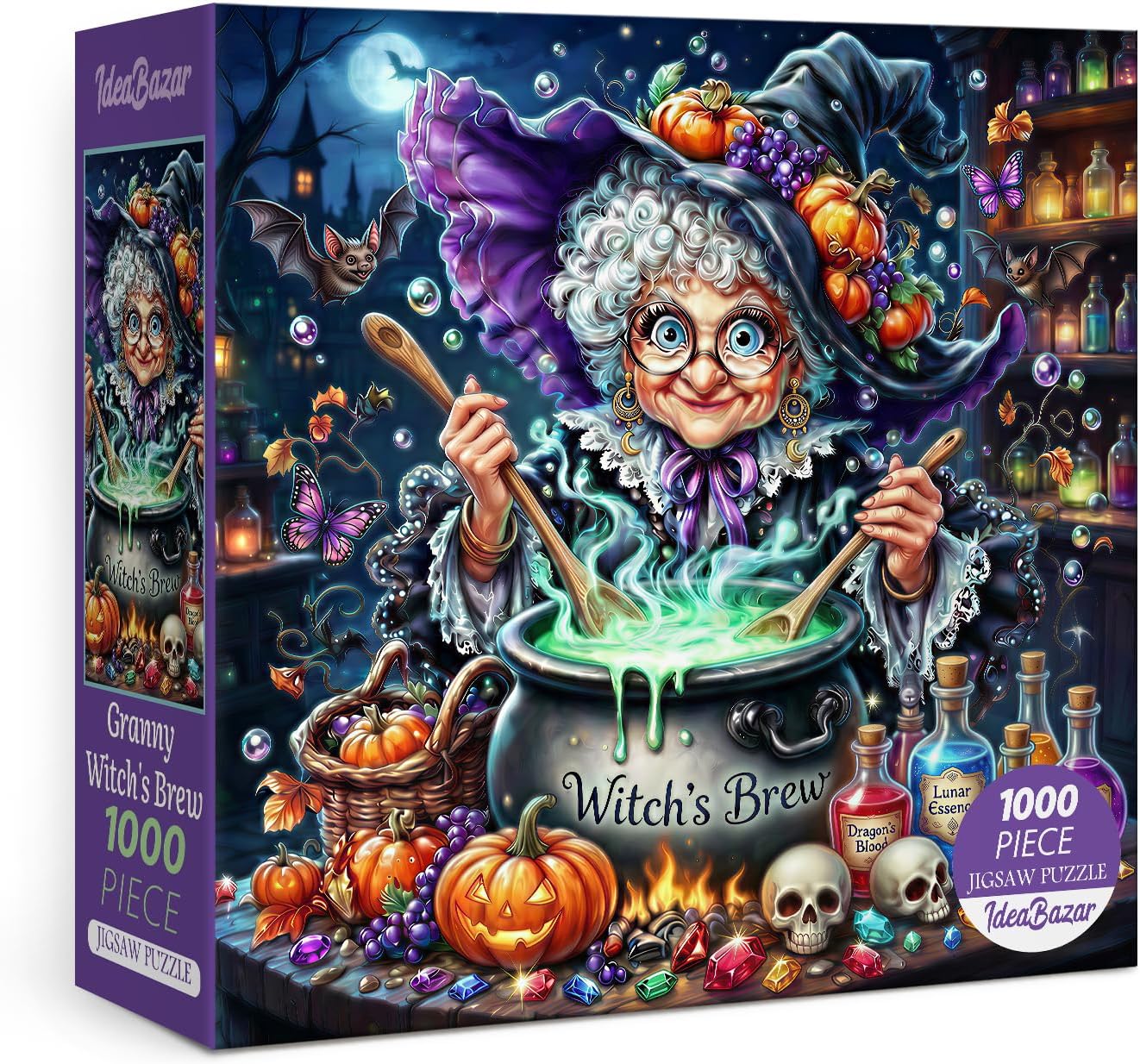 Halloween Magic Witch Puzzles for Adults 1000 Pieces Fun, Colorful Lady Bird Flower Butterfly Animal Art Jigsaw Puzzles, Beautiful Plant Tree Skeleton Fall Grandma Pumpkin Fantasy Puzzle