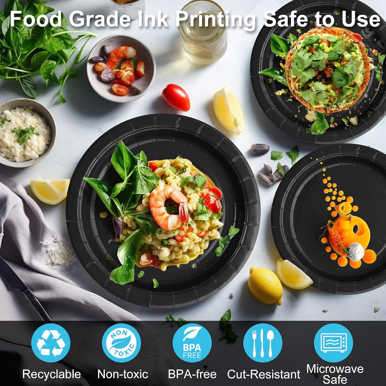 Black Paper Party Plates Supplies 400GSM -100pcs - 50 x 10 Dinner Plates and 50 x 8 Dessert Plate,Suitable for Birthday,Family Gathering,Retirement,Graduations,Holidays