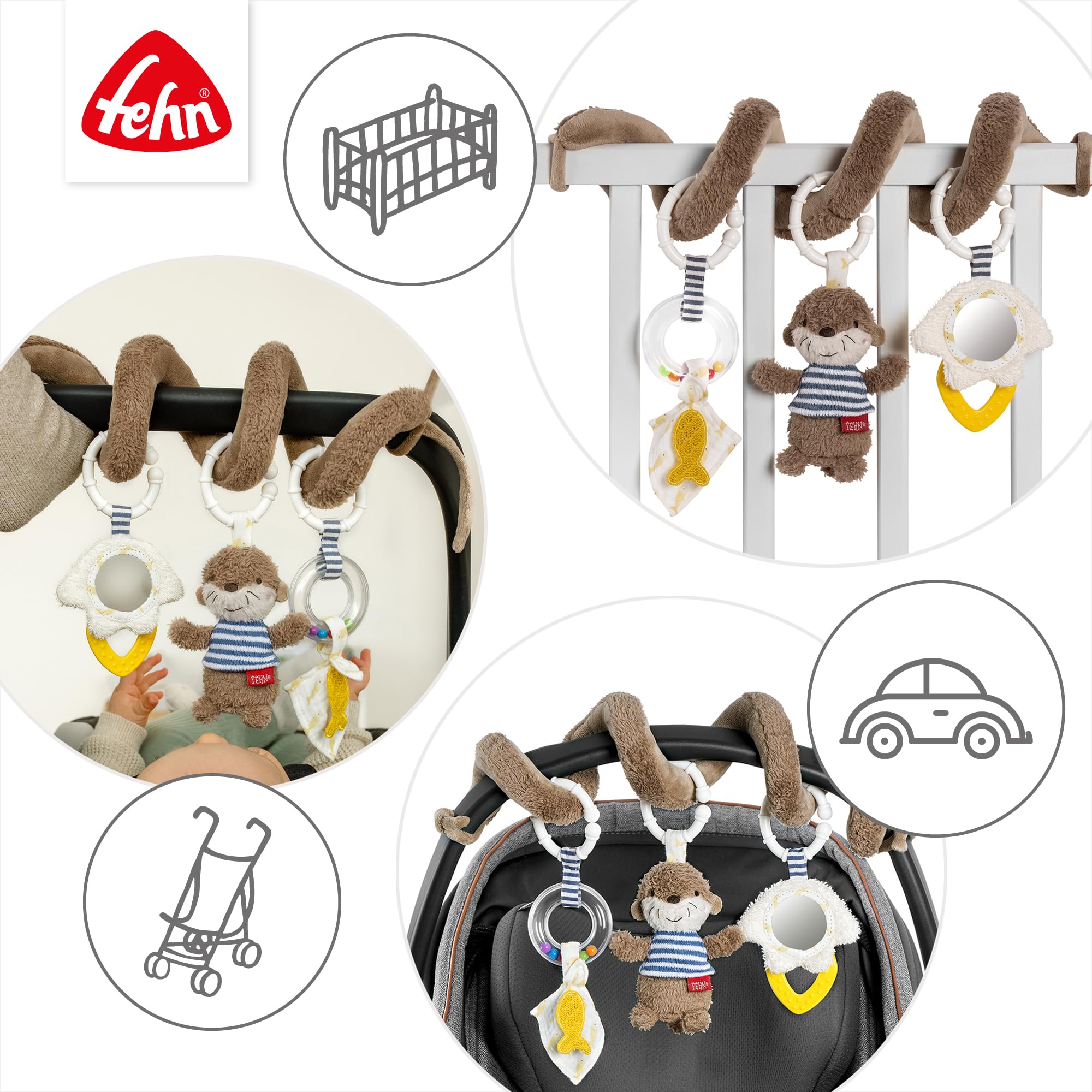 Fehn Spirala Activity Otter – spirala z materiału z funkcjami uczenia się do chwytania, odczuwania, zabawy – wspomaga chwytanie, zmysł dotyku i motorykę – do domu i w podróży, dla niemowląt od, Wydra