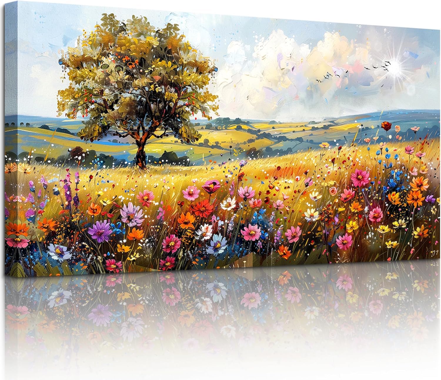 lianyibo Spring Landscape Wall Art, Nature Tree Wildflower Large Canvas Prints, Modern Farmhouse Living Room Bathroom Decor(70x140/Frameless)