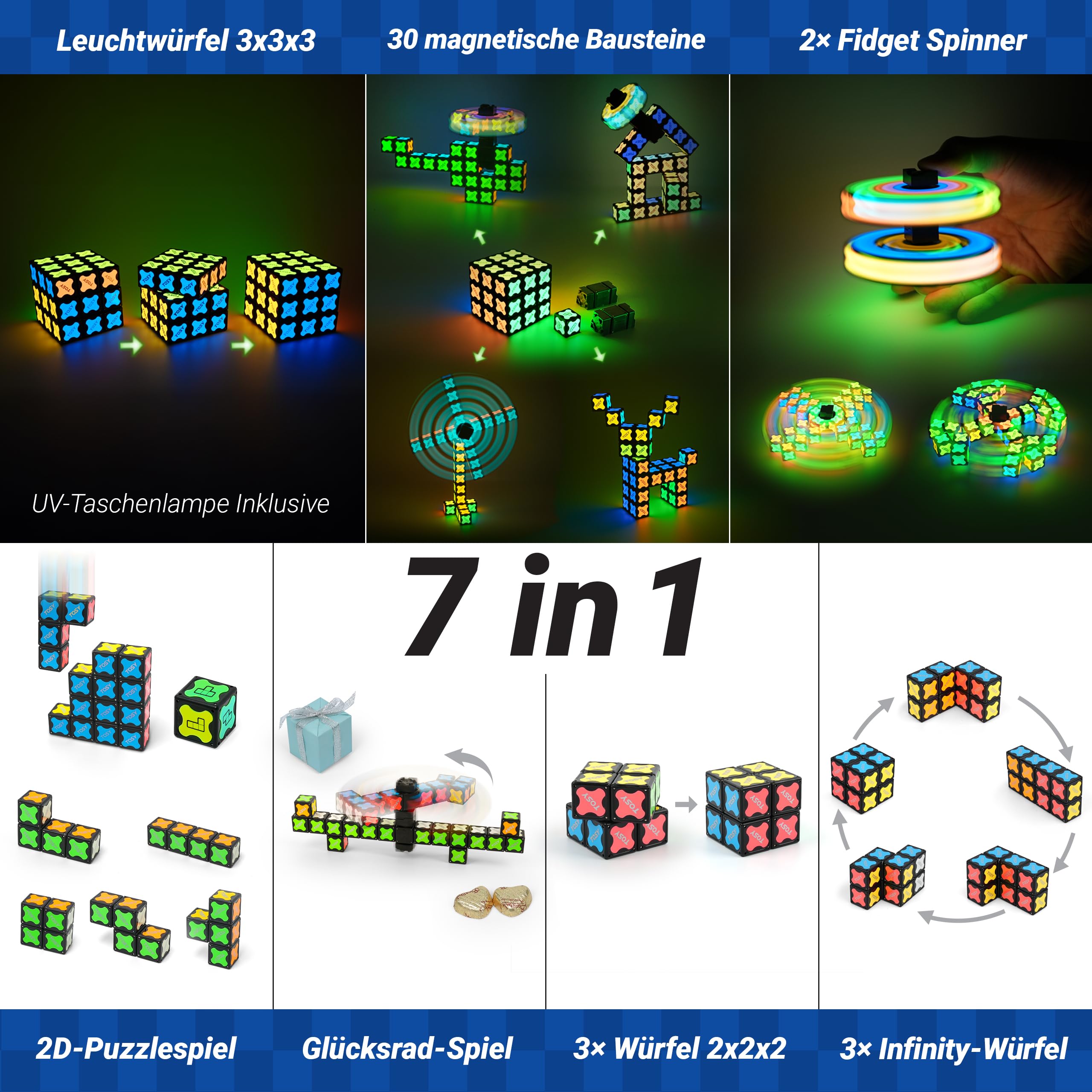 TOSY Magnet Cube 3x3 – 240 Magnete, 30 Bausteine, 7-in-1: Puzzlewürfel, kreative Bausteine, verwandelbarer Fidget-Spinner, Infinity-Würfel, UV-Taschenlampe, leuchtendes STEM/STEAM-Spielzeug