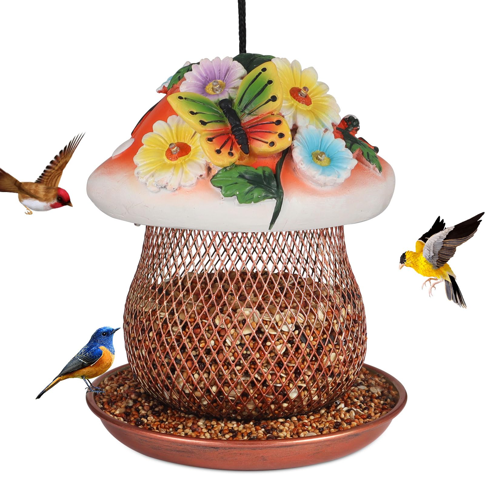 Solar Bird Feeder for Outdoors Hanging, Metal Wild Birdfeeder Decor Lanterns,Birthday Gift for Women,Mushroom Garden Decor as Gift for Bird Lovers(Butterfly)