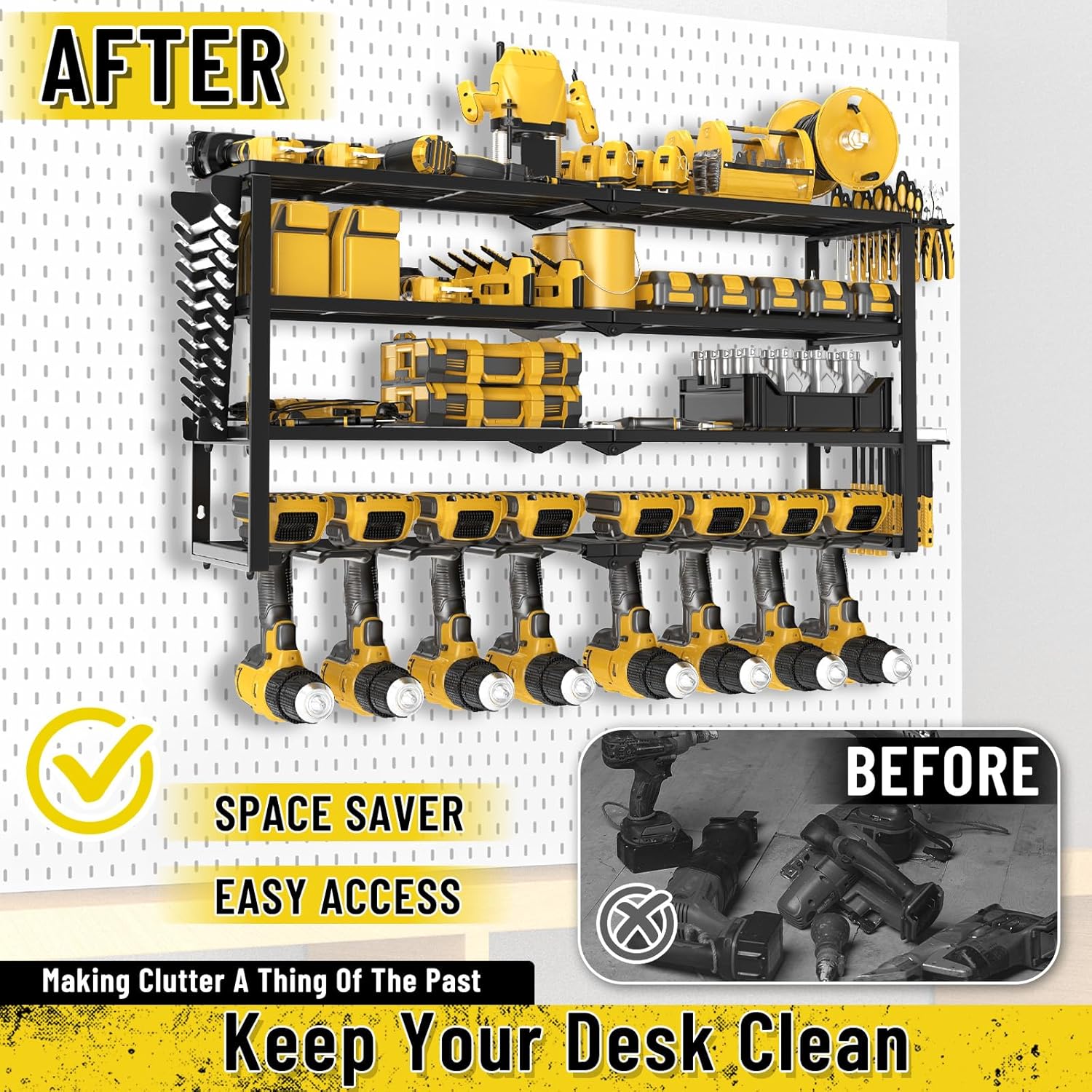 Heavy Duty Power Tool Organizer Wall Mount, Cordless Drill Hanger Storage Rack, Battery Tool Holder Utility Rack with Side Wrench Rack for Garage Workshop-32 Inch 8 Slots