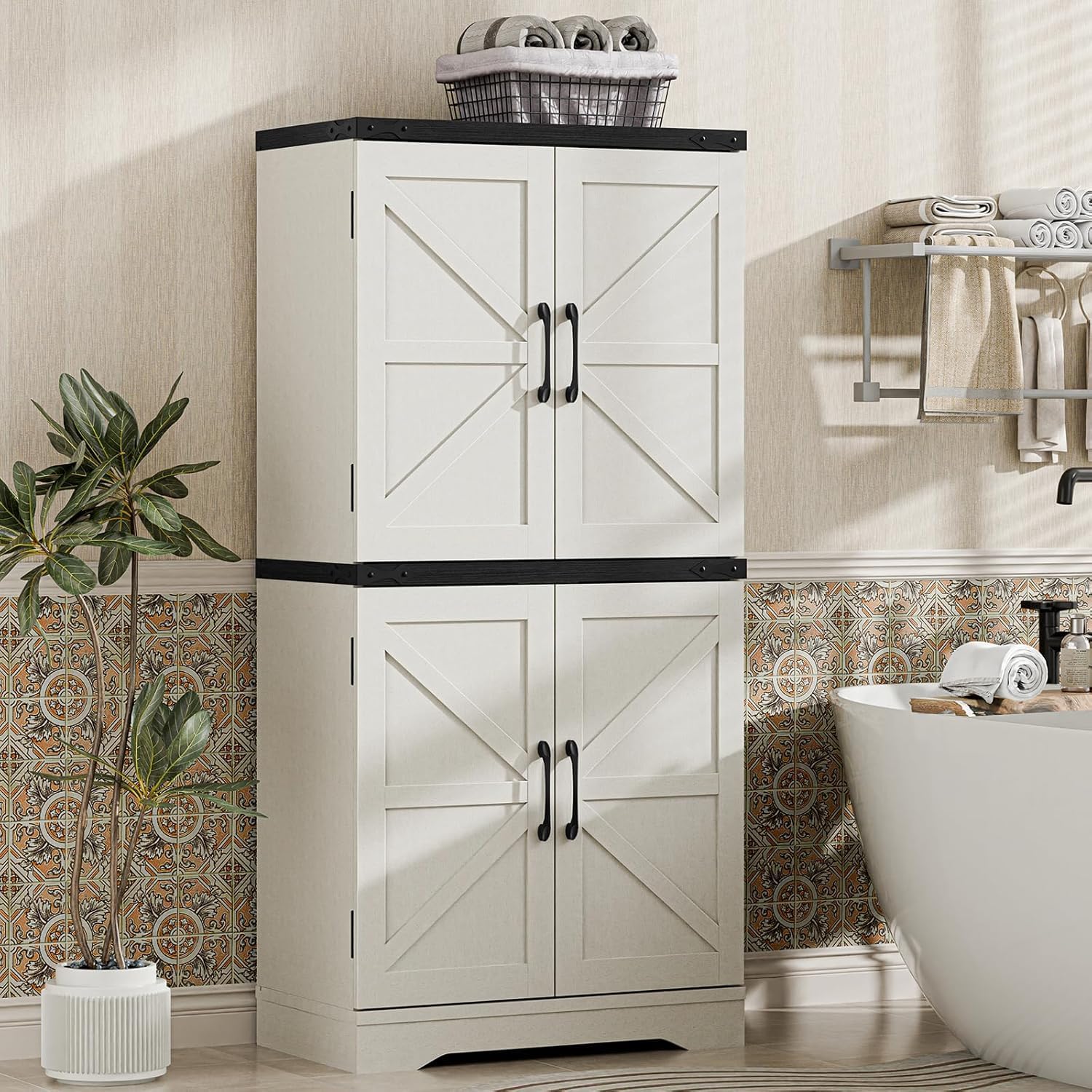 Vabches Farmhouse Floor Storage Cabinet with Adjustable Shelves, Rustic Style for Bathroom, Kitchen, Living Room, White and Black