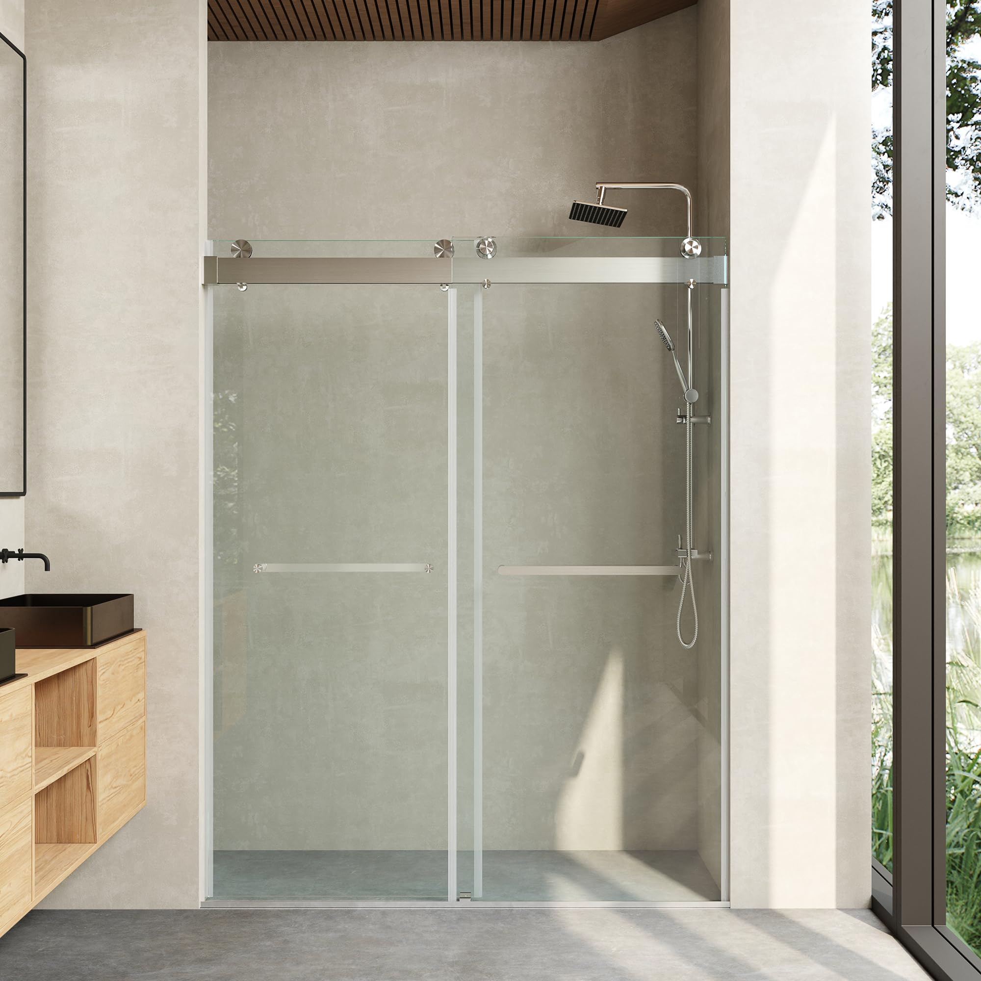 Frameless Soft Close Shower Door, 56"-60 "W, 76 "H, 3/8" (10mm) Clear Tempered Glass, Double Sliding Doors, Brushed Nickel Finish.