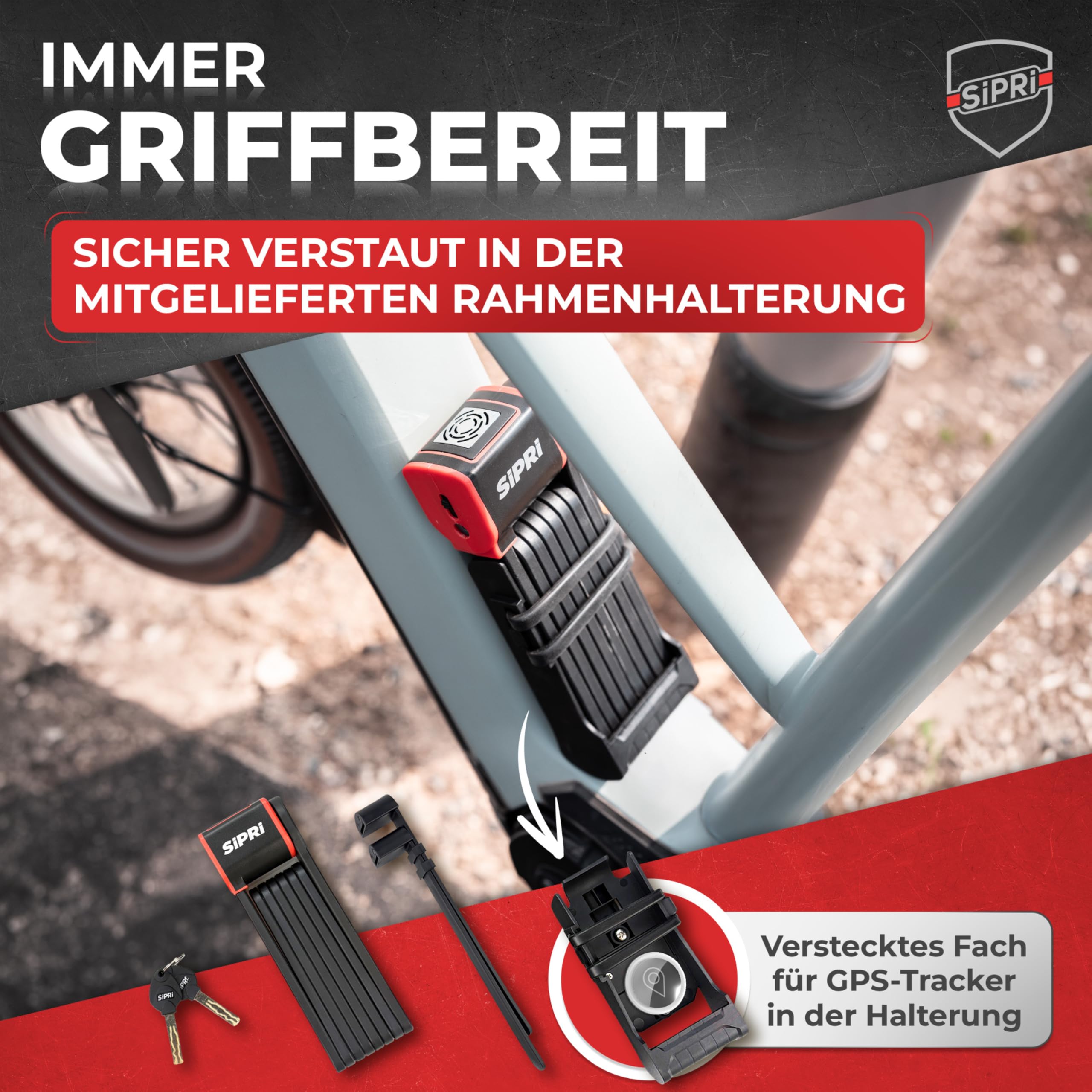 SIPRI® Faltschloss Fahrradschloss mit Alarm 120 dB | Faltbares Fahrradschloss hohe Sicherheit für E-Bike, E-Scooter & Motorrad