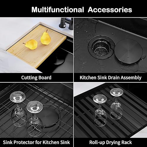 Miniatura 39 de Fregadero de cocina negro de 33 pulgadas, fregadero de acero inoxidable calibre 16, fregadero de estación de trabajo de un solo tazón con reborde