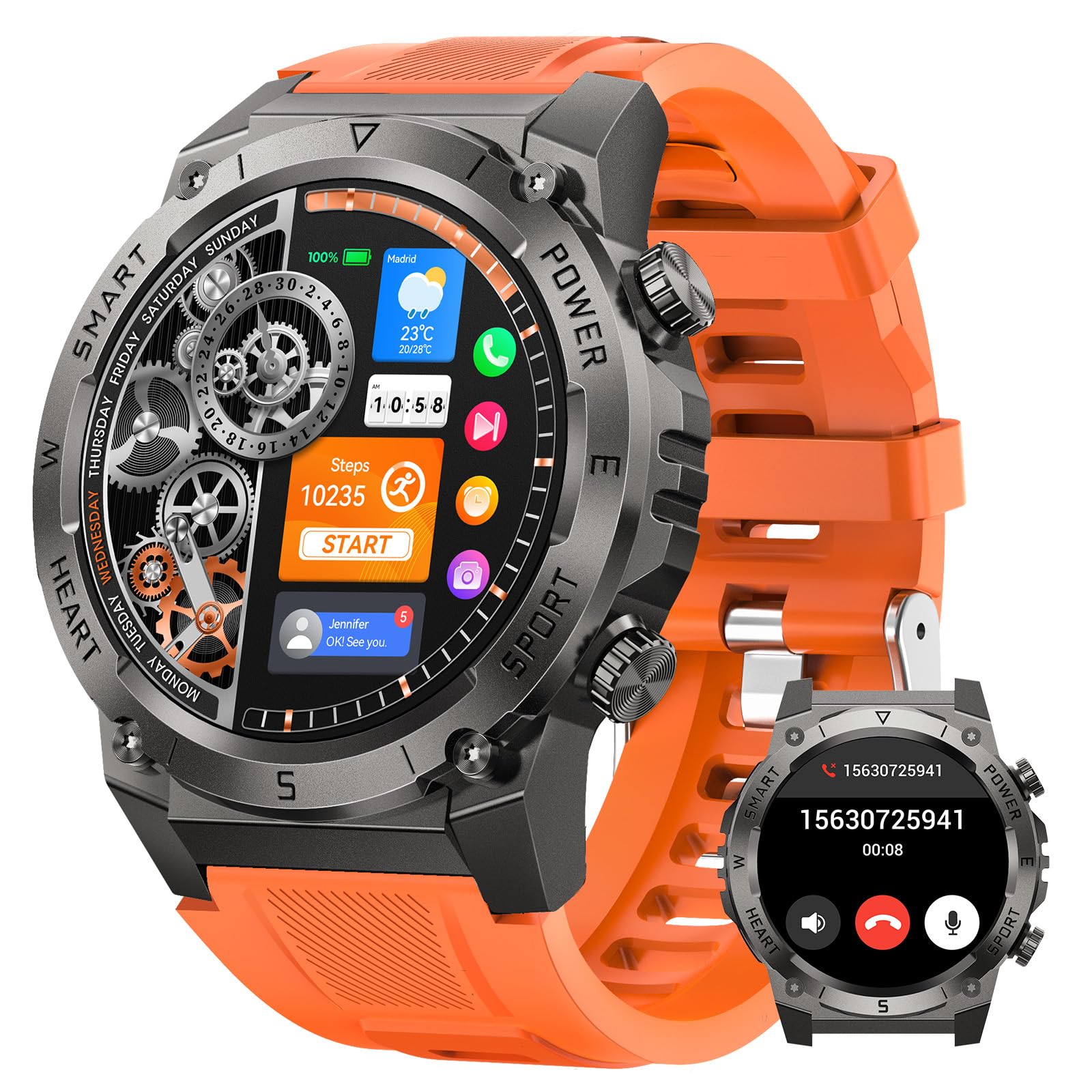 DEKELIFE Smartwatch Uomo Militare, 1.46” Orologio Smartwatch con Chiamata Bluetooth, 500mAH IP68 Impermeabile 120 modalità Sportive Cardiofrequenzimetro e Sonno, Smartwatch per Android iOS, Arancione