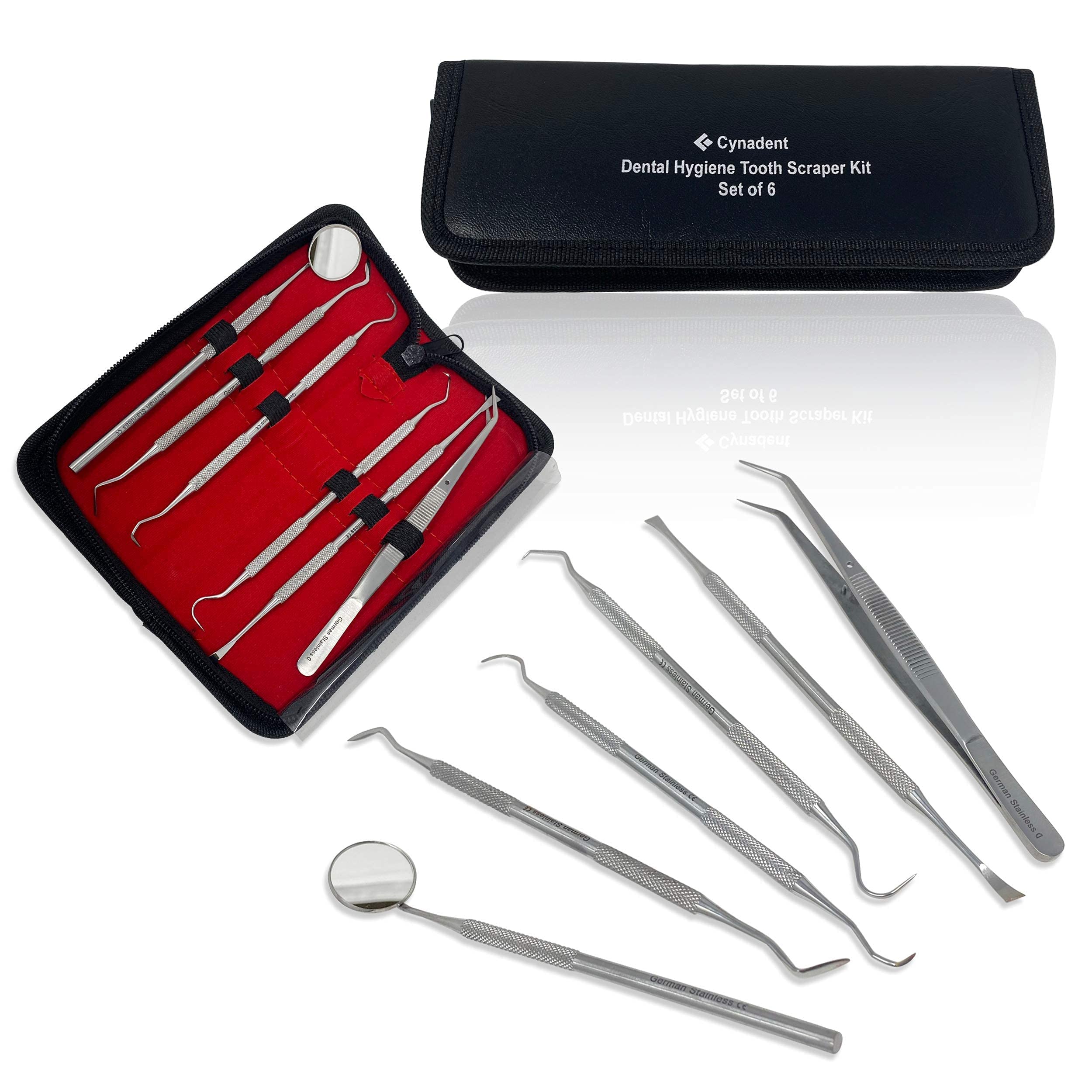 CynaMed Dental Tools Set 6PC– Stainless Steel Dental Pick, Tooth Scraper, Plaque & Tartar Remover, Tweezers, and Gum Floss for Personal and Pet Oral Care