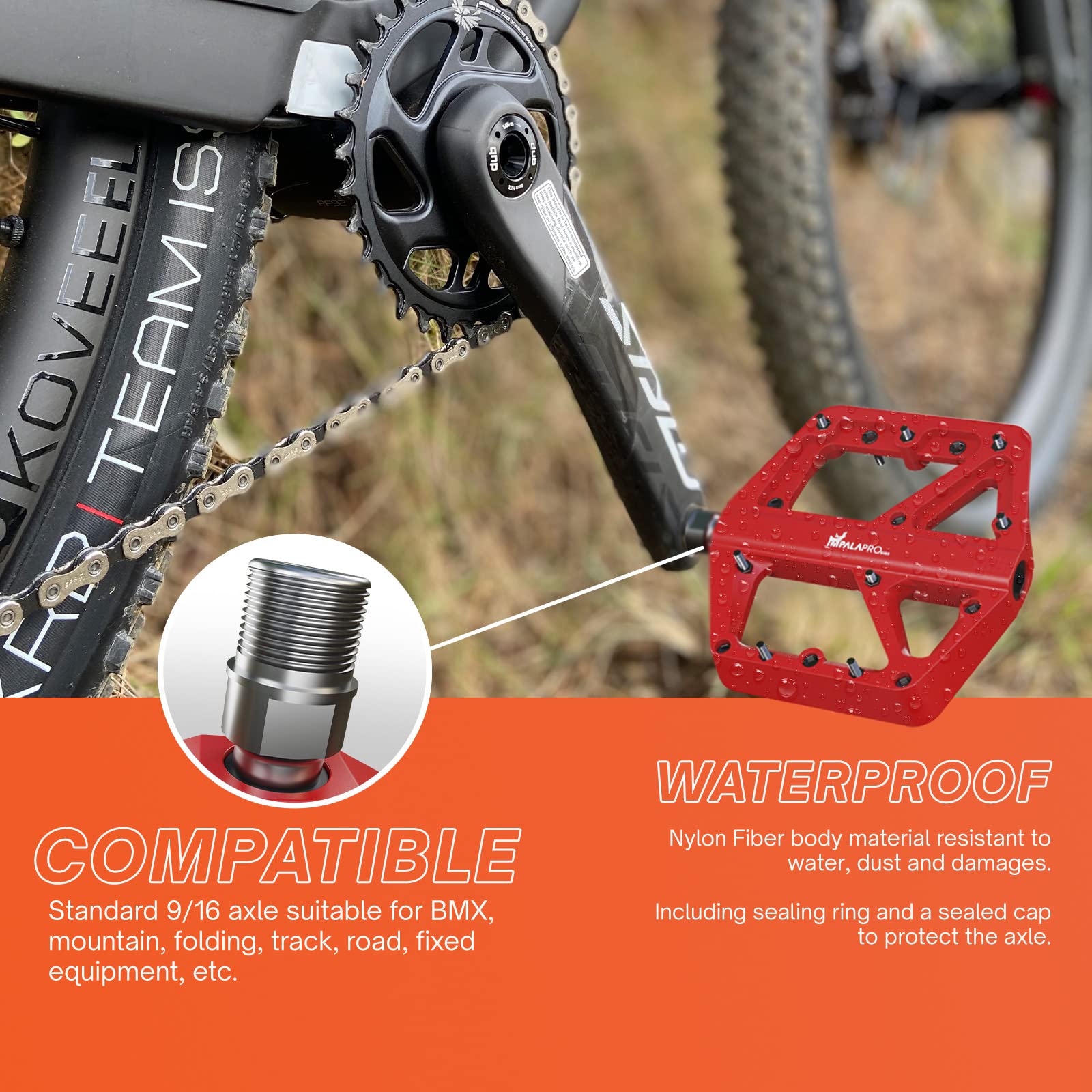 IMPALAPRO Bike – Pédales de vélo en Nylon antidérapantes à Large Plateforme – Pédales de vélo 9/16 Pouces avec roulements étanches et Anti-poussière – VTT – MTB – Vélo de Route – BMX