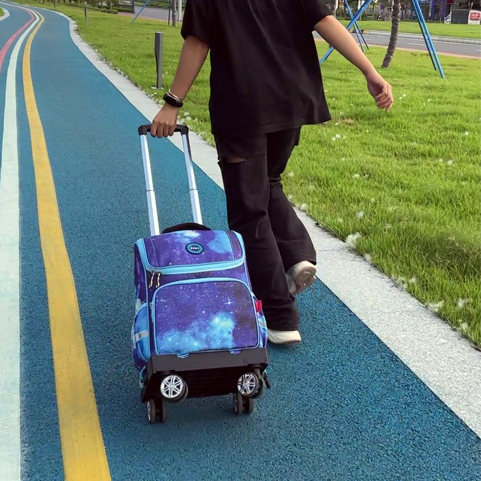 Carro de mochila con ruedas, carro de mano plegable de aleación de aluminio con base de borde, 4 ruedas, carrito de equipaje con correa de equipaje para niños, adolescentes, adultos, escuela, viajes