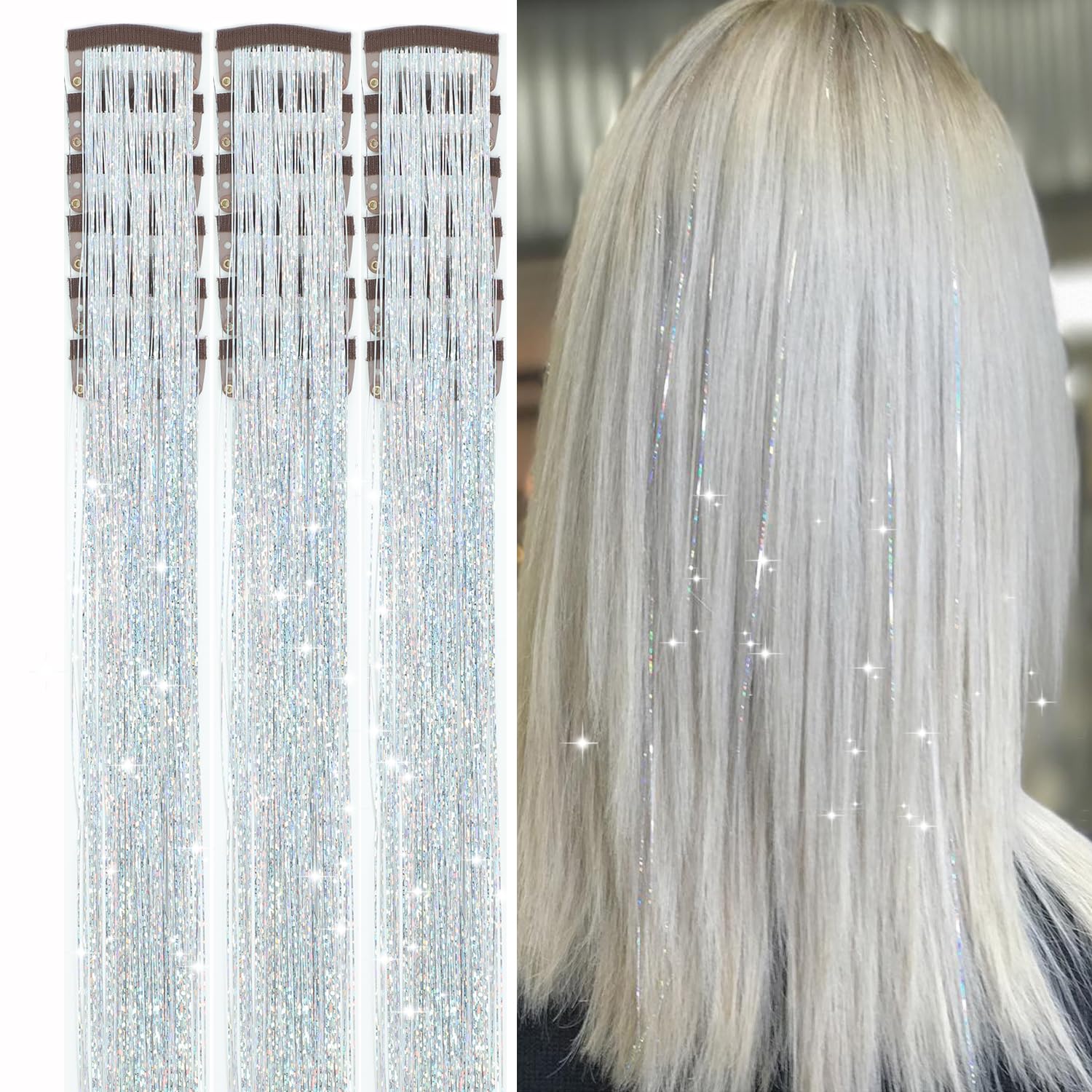 18pcs Hair Tinsel Clip in Hair Tinsel Kit Glitter Tinsel Hair Extensions 20Inch Sparkling Fairy Hair Tinsel Shiny Hair Accessories for Women Girls