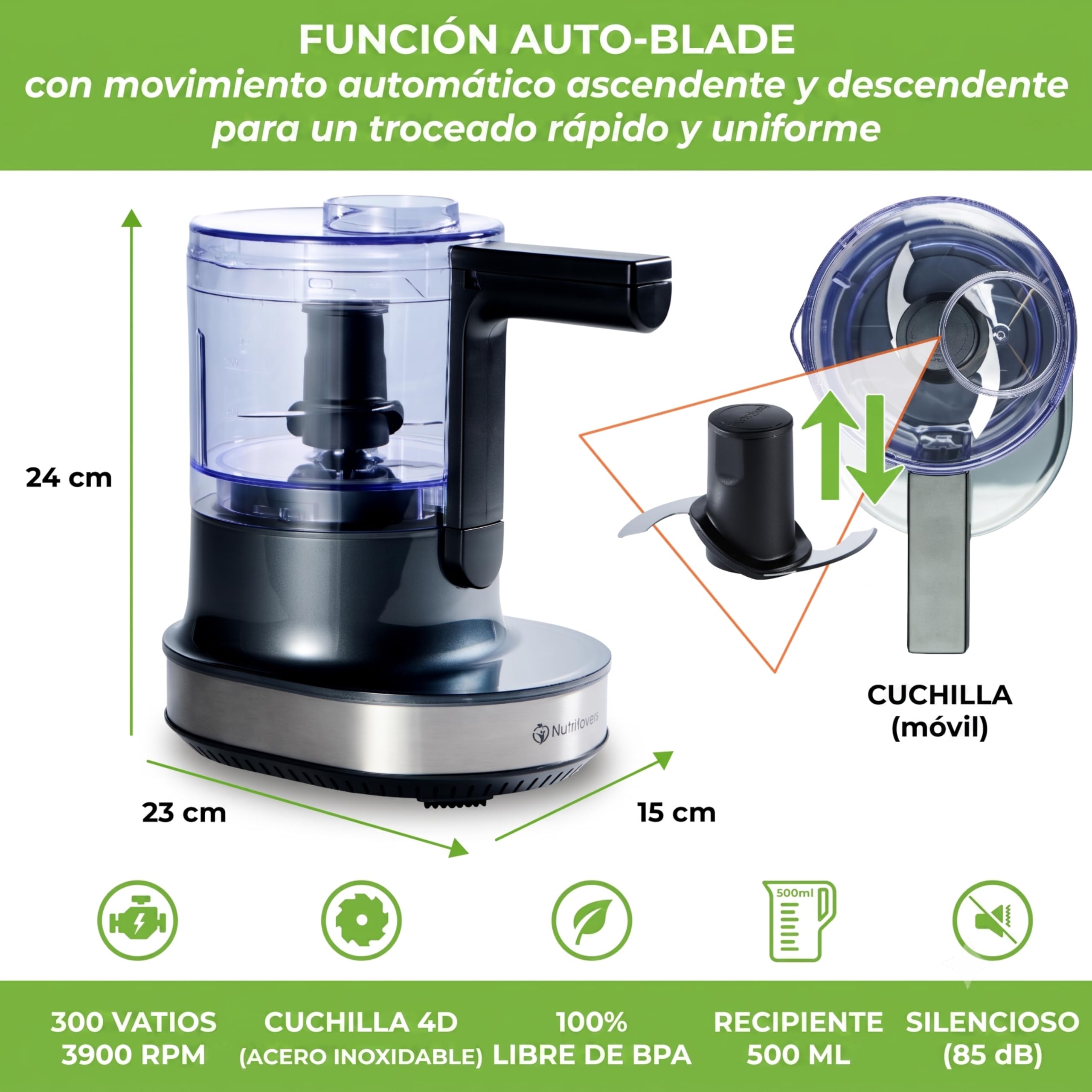 Multipicadora eléctrica 4D de Nutri-Chopper, picadora universal para nueces, cebollas, frutas y verduras, carne, función de cuchilla automática, recipiente de mezcla (500 ml), sin BPA