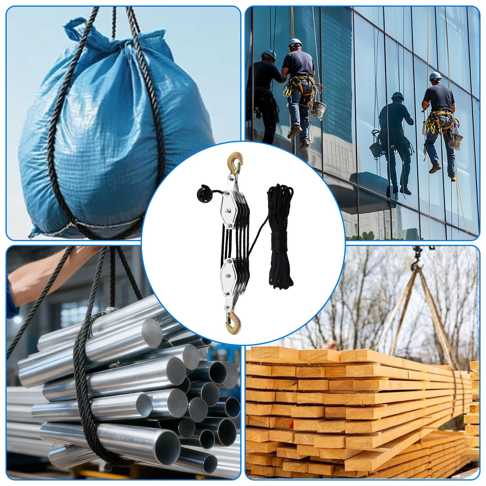 Palan à 4 rouleaux avec frein à câble, capacité de charge de 300 kg et corde en nylon noire de 20 m, crochet en acier rotatif à 270° pour chantier, transport, chasse, chutes d'arbres, entrepôts