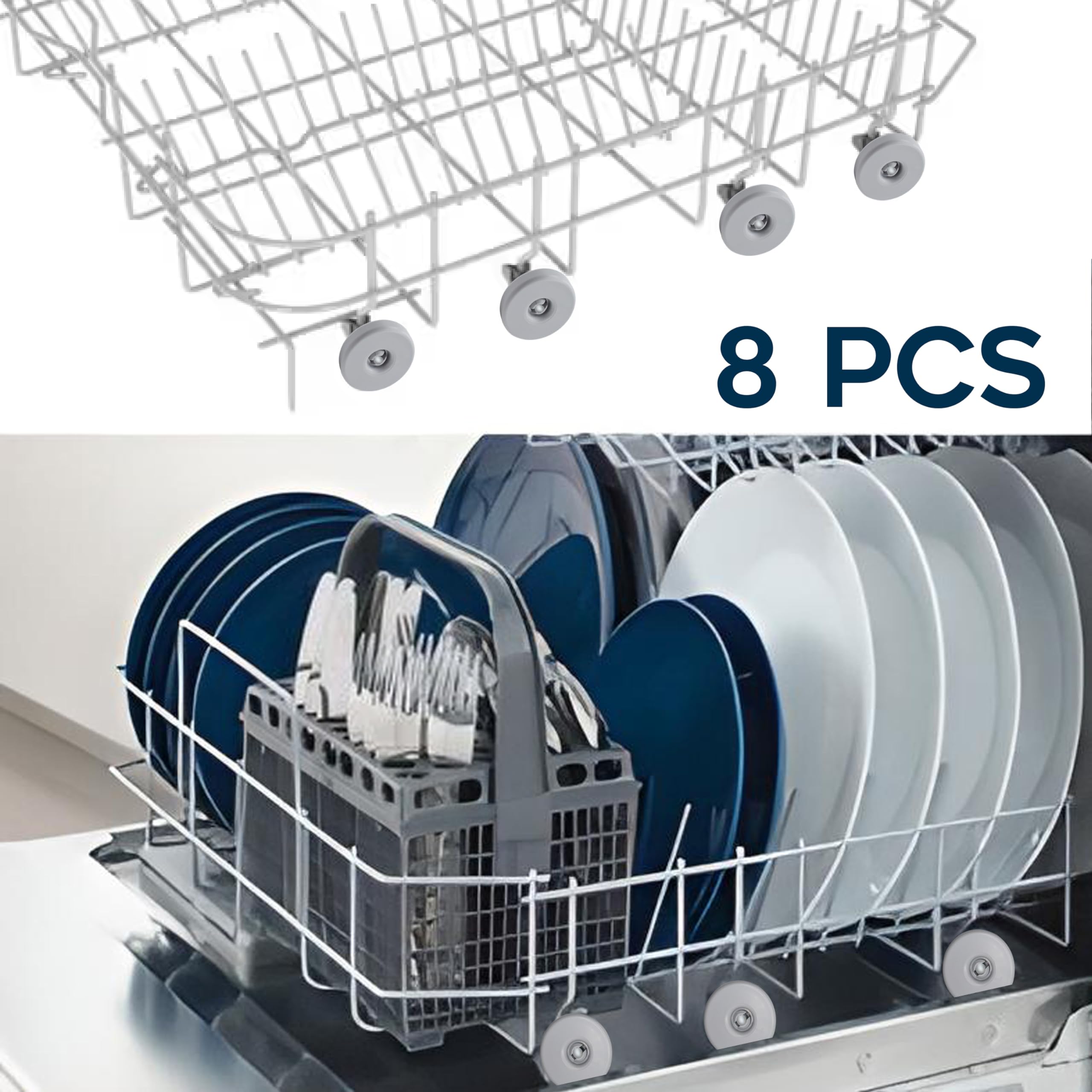 GIANTO Zestaw 8 kół do kosza Zmywarka kompatybilna z Zanussi, Rex, Electrolux, AEG, plastikowe kółka na dolne naczynia kuchenne (sprawdź kompatybilność) - Szary Diam. 40 mm