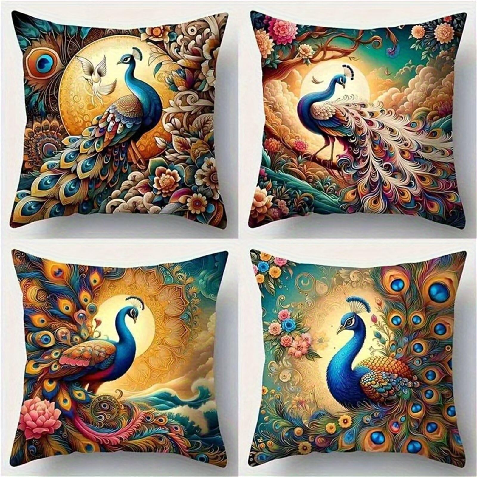 Heaen Outdoor Cushions Covers Waterproof 35x35 cm Set of 4 Square Linen Pillow Cases Landscape Peacocks Decorative Dushions for Sofa Porch Patio Home Decor