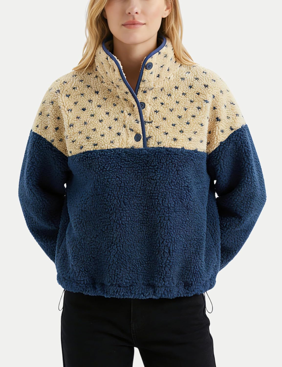 Esmeling Women Contrast Fleece Pullover Jacket Long Sleeve Lapel Collar Sweatshirt Warm Outerwear with Pockets