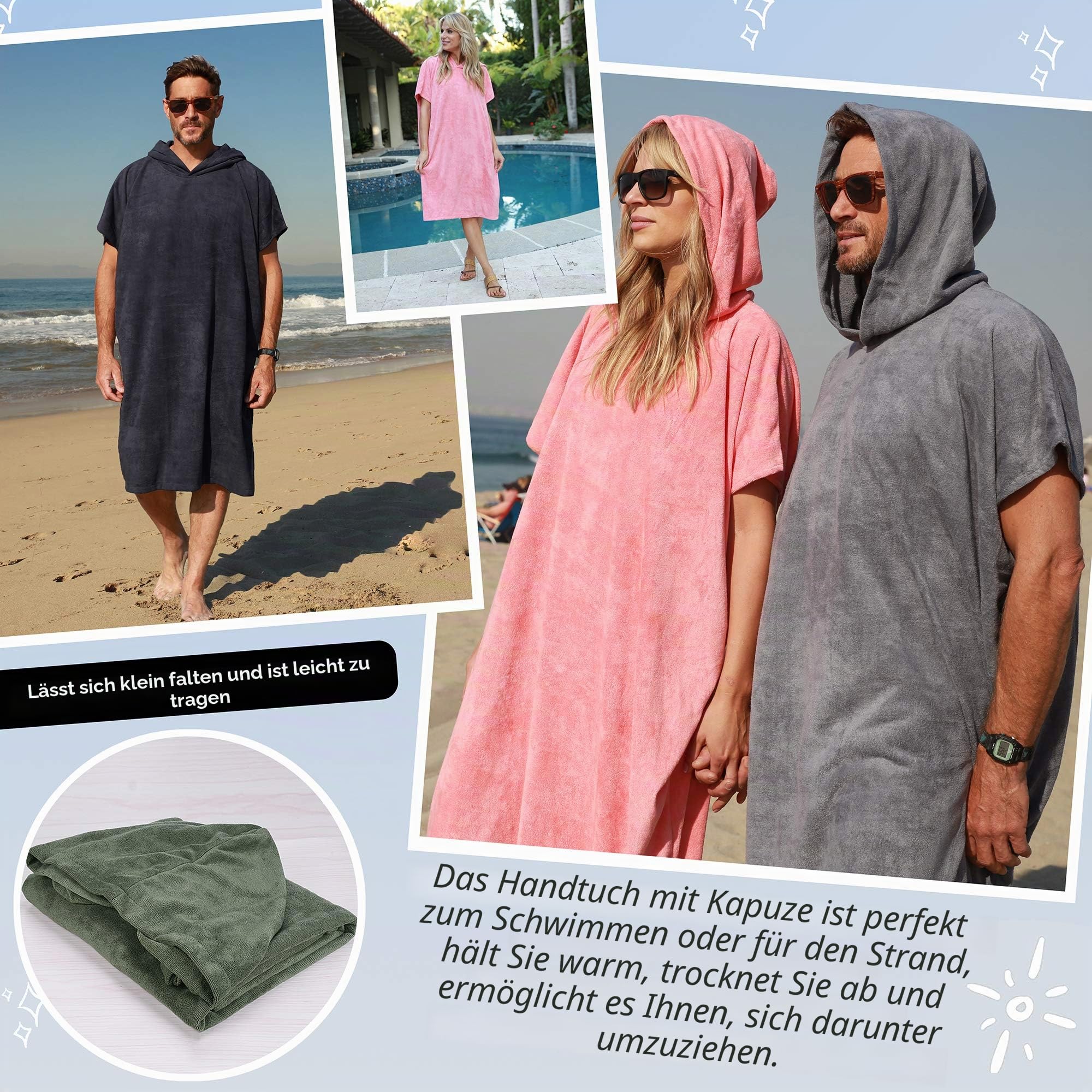 Kato Tirrinia Surf Poncho Umziehhilfe Strand für Damen Herren, Badeponcho mit Kapuze Absorbierender Winddichtes, Handtuch Poncho als Umziehhilfe für Surfer Schwimmen Camping Sauna Baden, Armeegrün