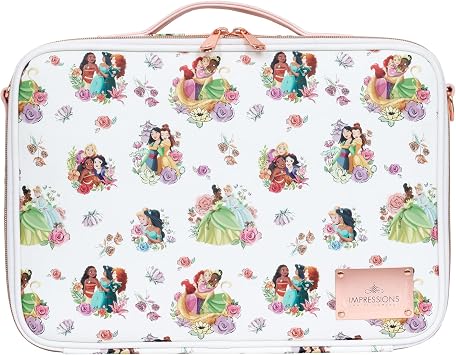 Impressions Vanity Disney Princess Dream Makeup Organizer Bag with Adjustable Dividers, Handheld Cosmetic Bag with Badge Holder, Cosmetic Travel Bag with Detachable Strap