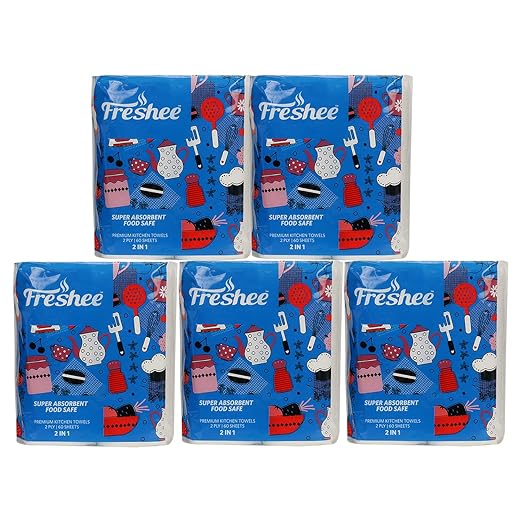 Freshee 60 Sheet 2 In 1 Kitchen Towel Tissue Paper Pack Of 5, Hygienic Fresh Environment Friendly Water Dissolvable Disposable Dry Tissue Roll Made With 100% Virgin Fibre