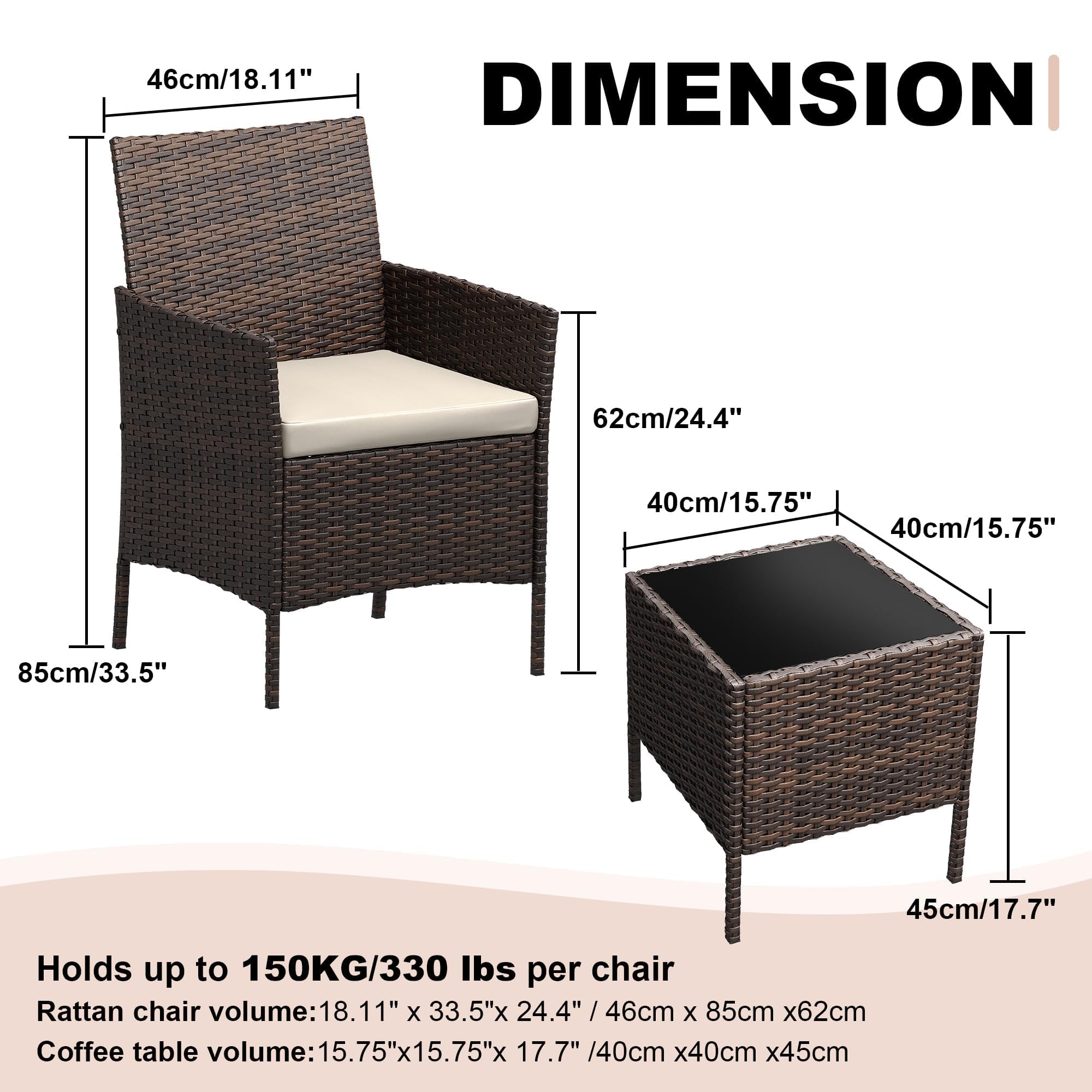 Conjunto de Muebles de Jardín de 3 Piezas, Juego Bistro de Exterior con 2 Sillones de Ratán PE, Mesa de Cristal y Cojines Resistentes a la Intemperie, para Terraza, Balcón, Patio o Jardín, Marrón/Bei