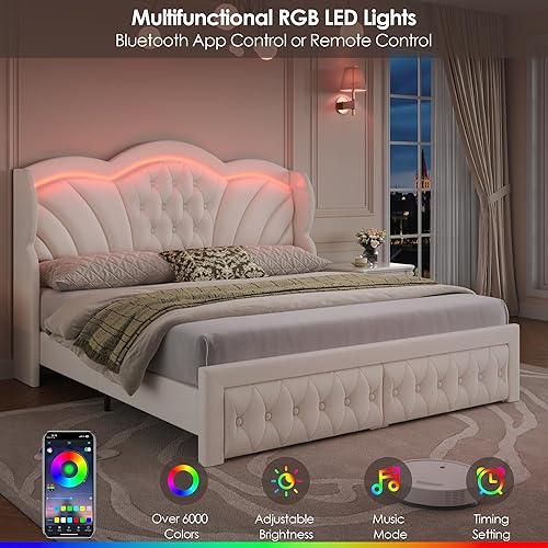 Miniatura 4 de Keyluv Marco de cama Queen con luces LED y 2 cajones de almacenamiento, plataforma tapizada de terciopelo con cabecera alta en forma de arco de 47