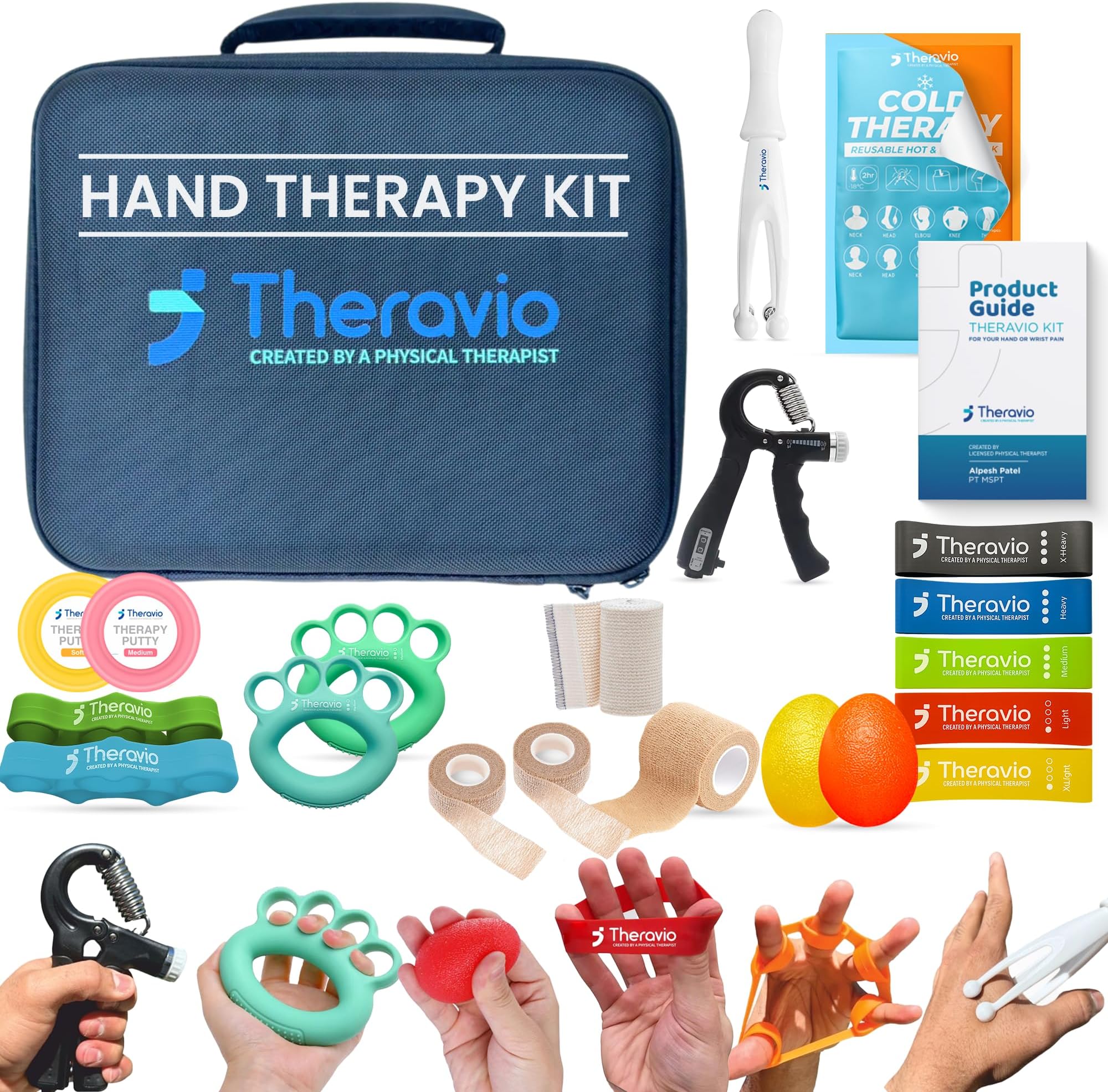 Hand Therapy Equipment for Rehabilitation and Recovery – Hand Therapy Kit with Grip Strength Trainer, Finger Strengthener & Exercise Balls for Arthritis, Carpal Tunnel and Physical Therapy by Theravio