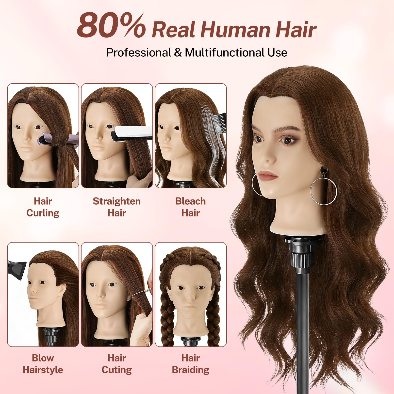 Übungskopf aus 80 % Echthaar, 58,4 cm, Frisierkopf mit Perückenständer, Stativ und Make-up-Funktion und DIY-Haarstyling-Flechtwerkzeugen